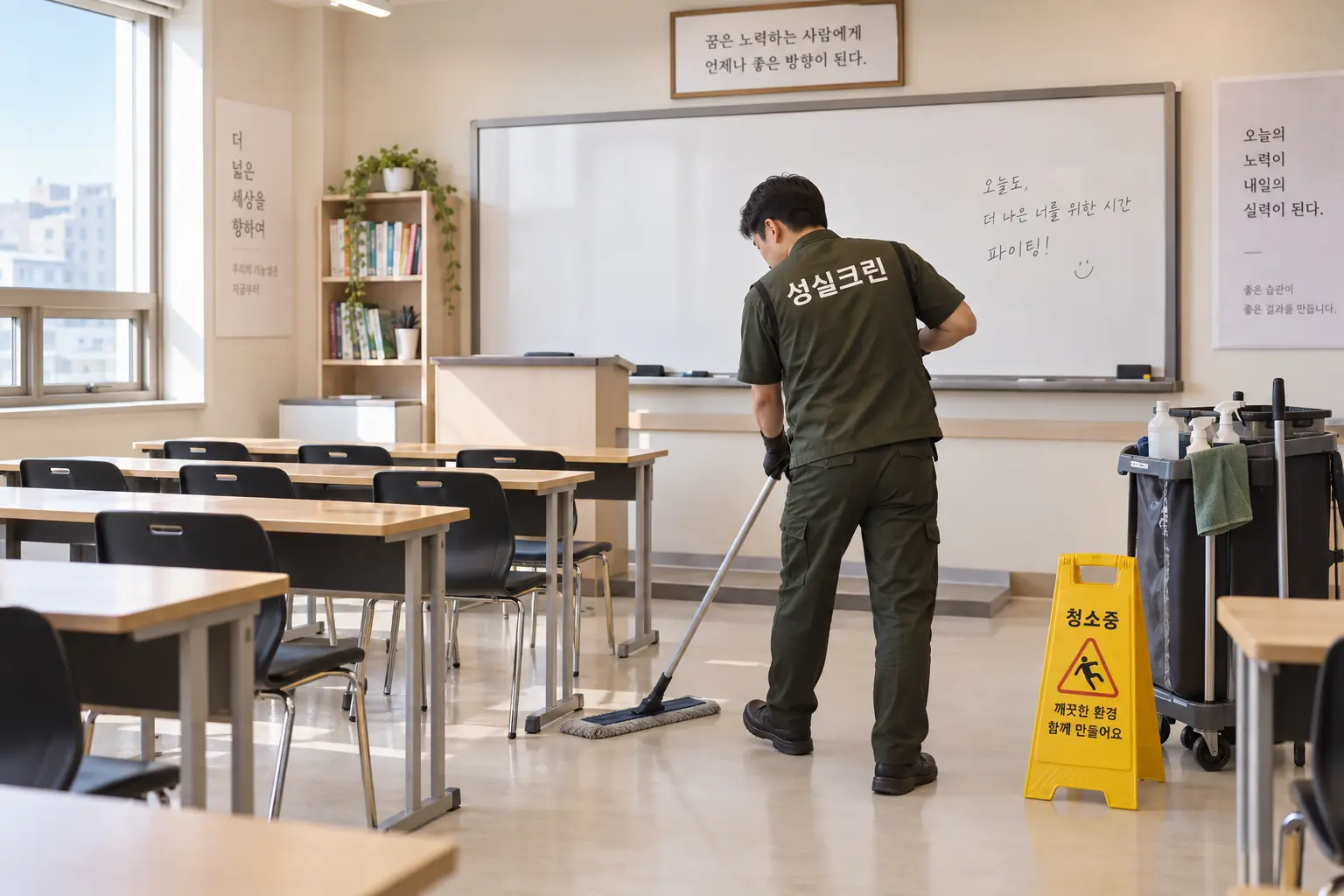 분당 학원청소 현장에서 책상과 칠판이 배치된 강의실의 바닥 먼지를 수업 전후로 정리하는 장면