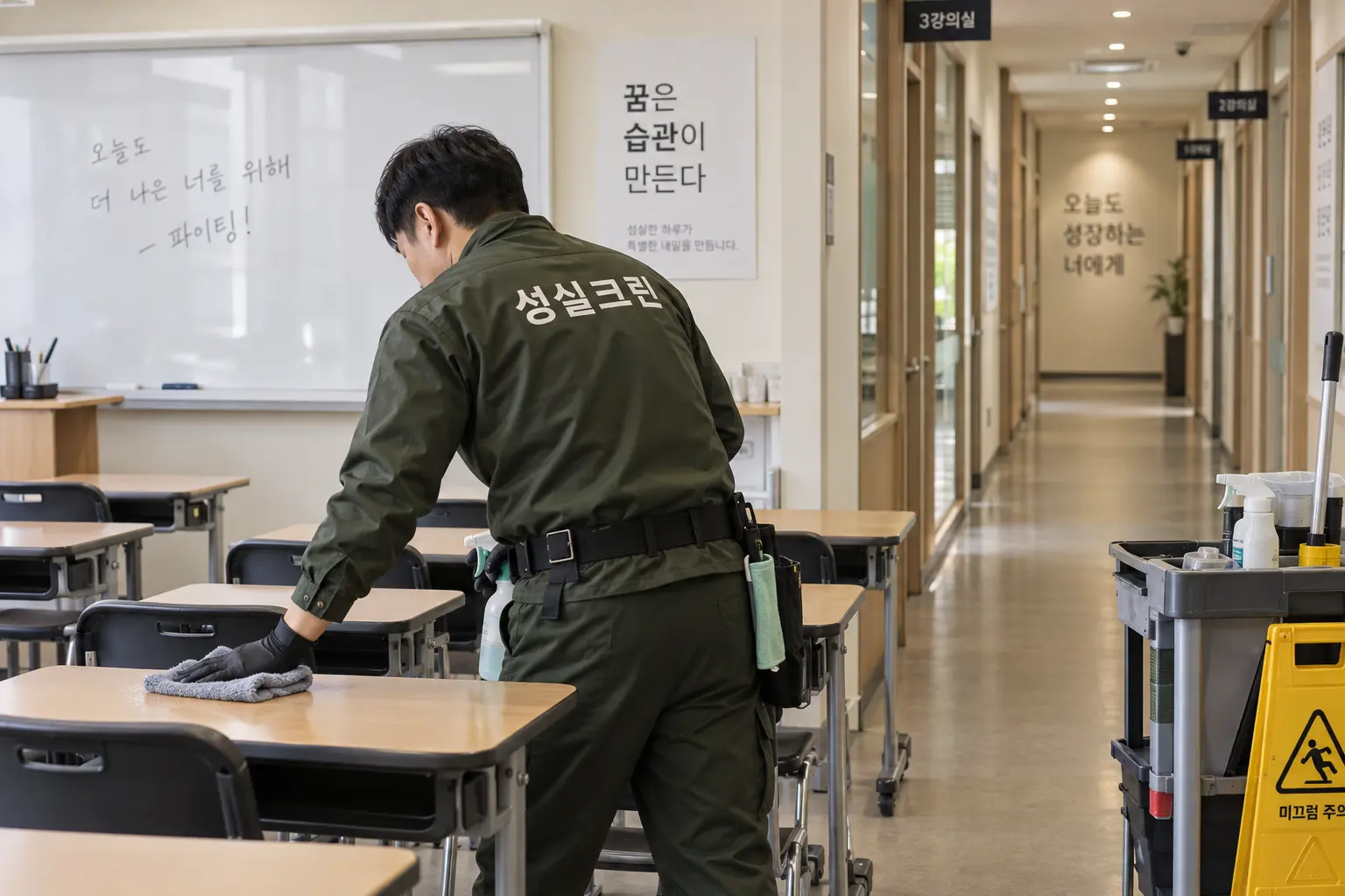 분당 학원청소 현장에서 책상 상판과 의자 등 학생 손이 자주 닿는 부분을 닦아내는 장면