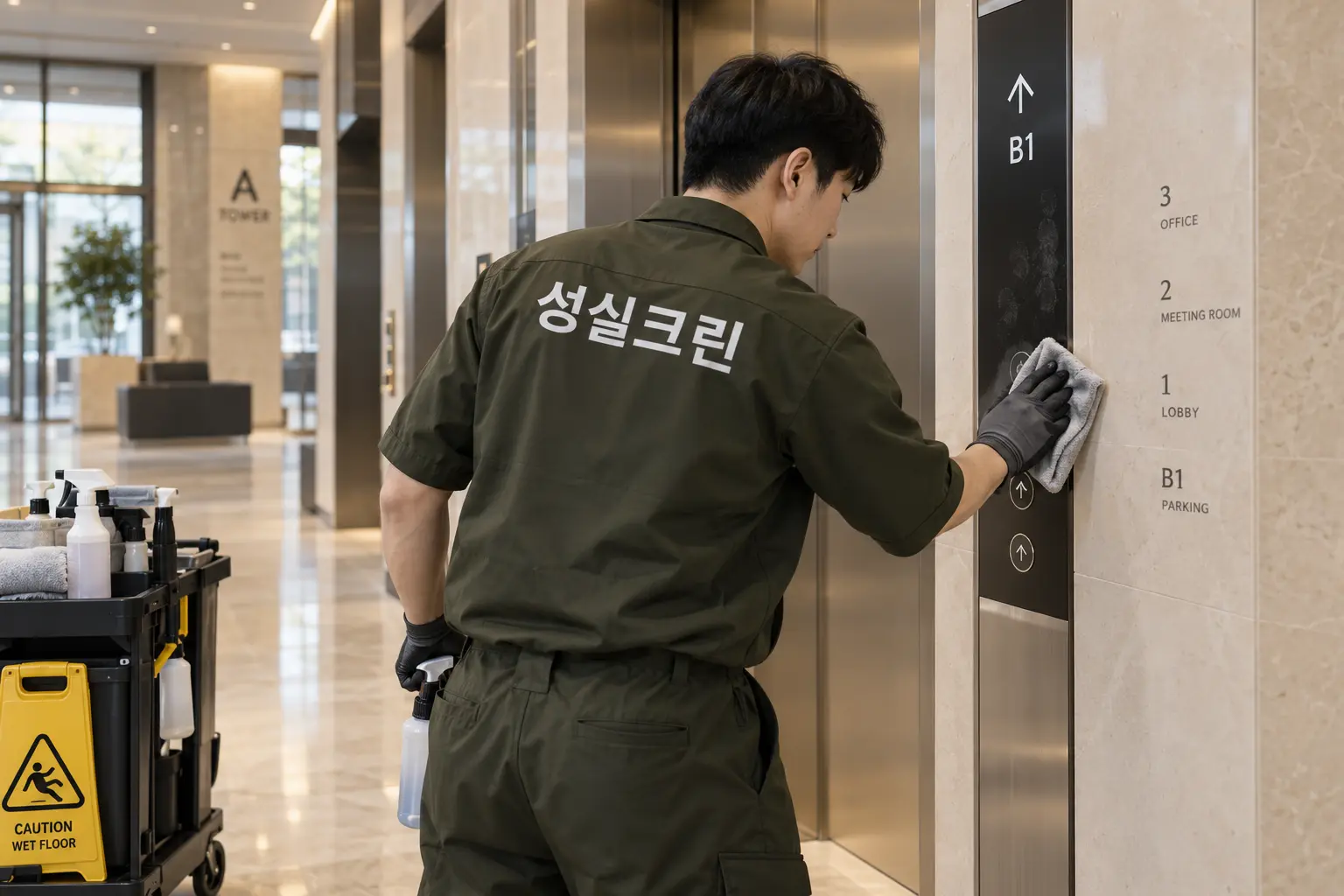안산시 건물청소 현장에서 승강기 문·버튼 주변과 로비 유리의 손자국을 세부 세척하는 장면