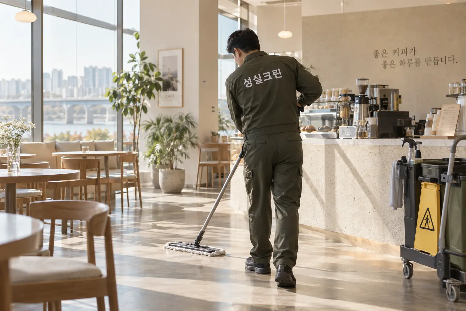 안산시 상록구 이동 카페청소 현장에서 카페 홀과 커피바 주변 바닥을 영업 전 청소하는 장면