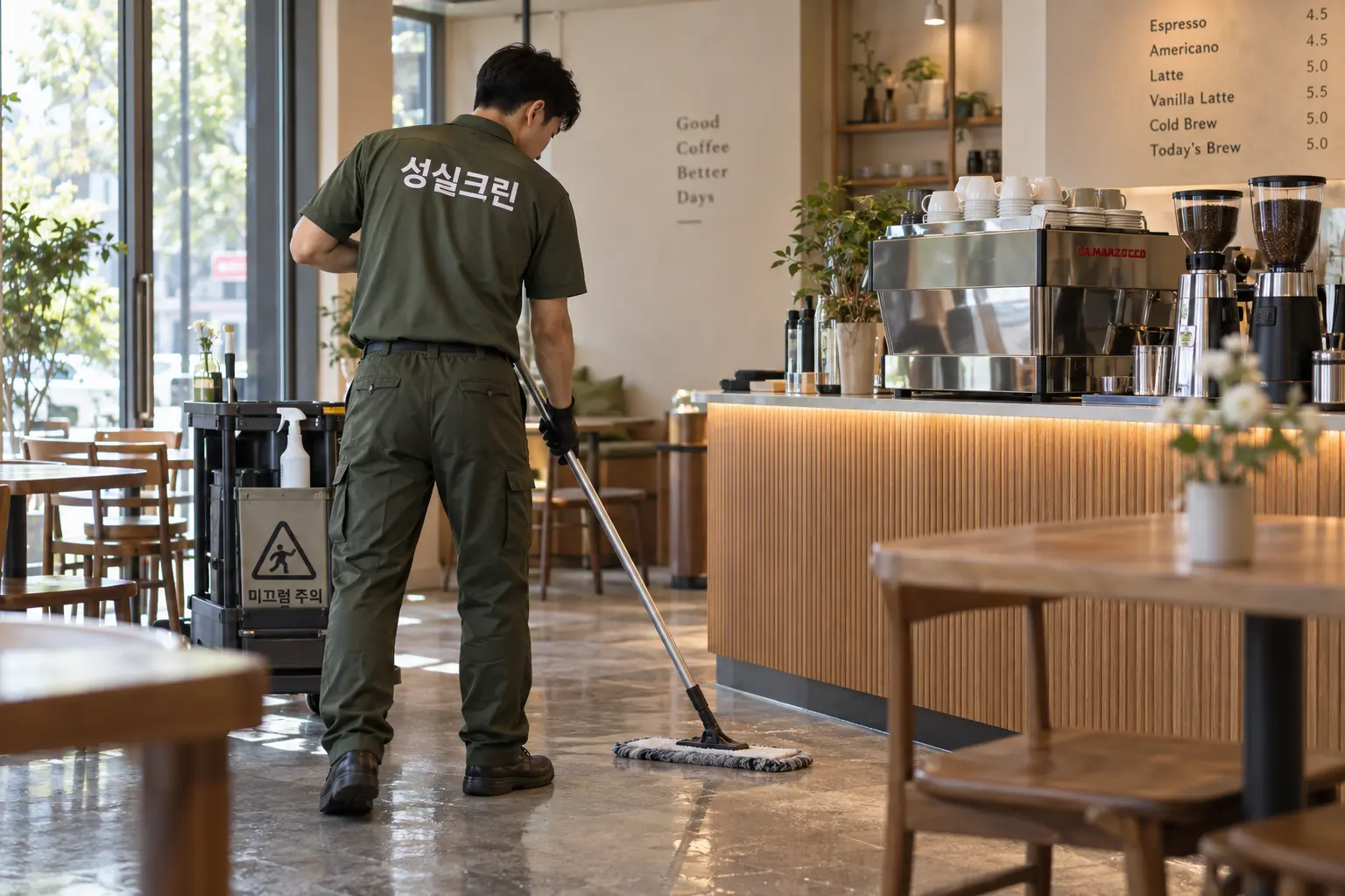 안산시 카페청소 현장에서 에스프레소 머신 주변 작업대와 테이블의 커피 얼룩을 닦는 장면