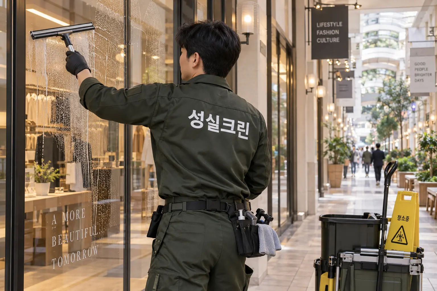 김포 김포시 상가청소 현장에서 점포 전면 유리와 손잡이에 남은 손자국·먼지를 유리 전용 도구로 닦는 장면
