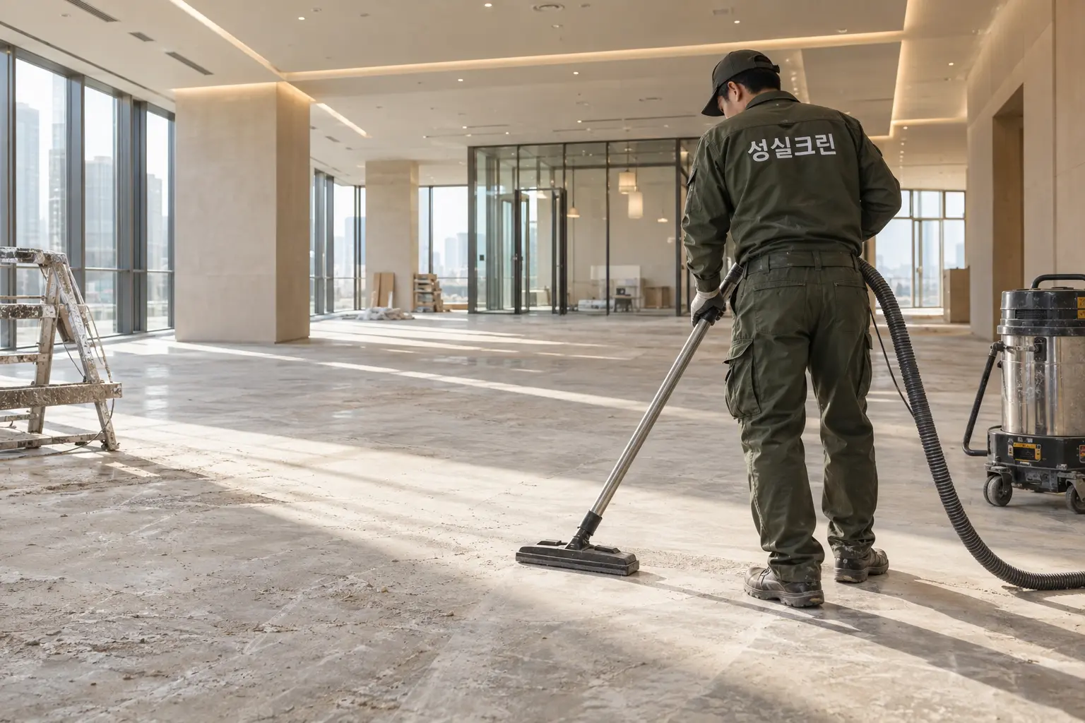 안성시 고삼면 준공청소 현장에서 공사가 끝난 실내의 바닥과 공간 전체에 남은 미세분진을 회수하는 장면