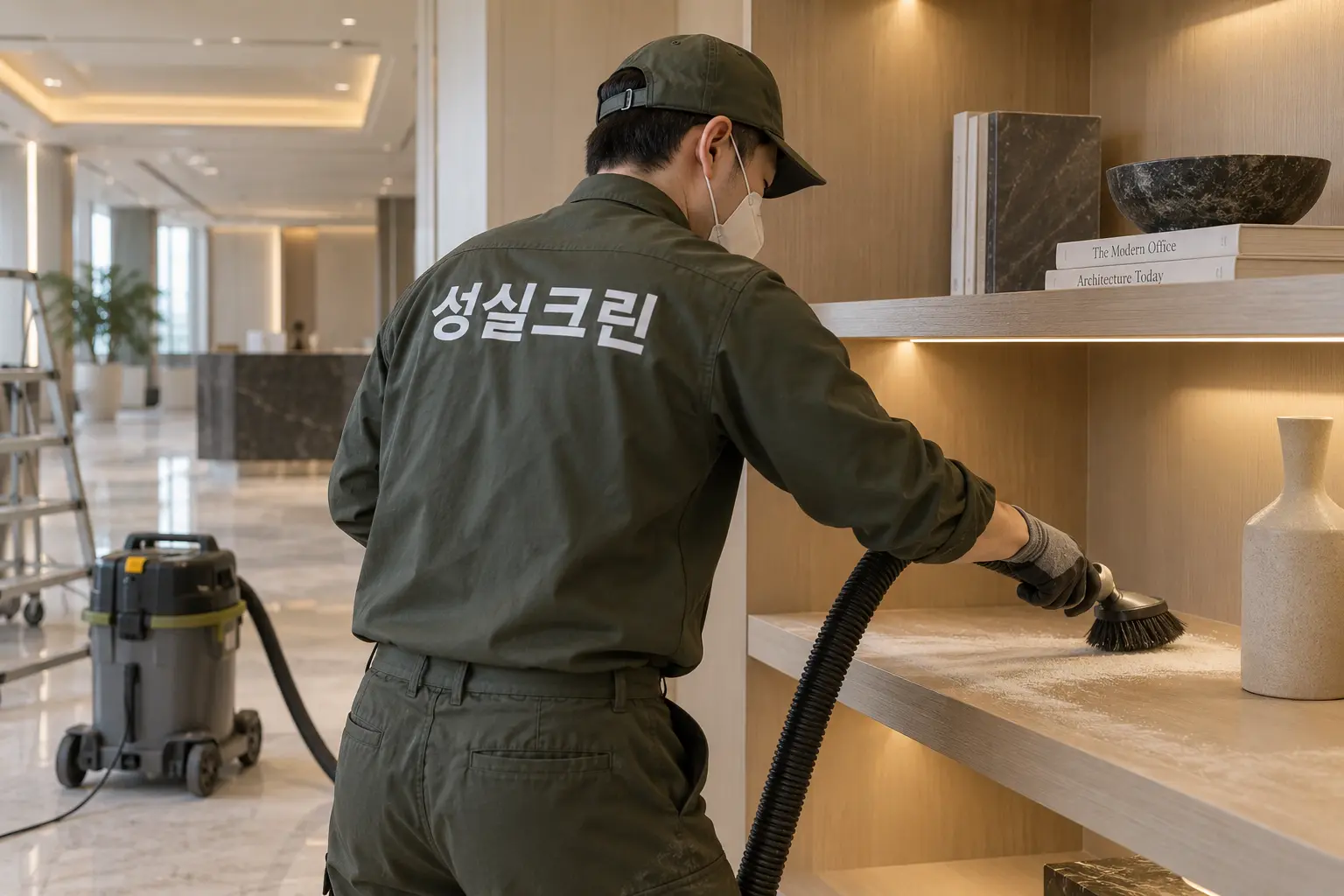 안산시 준공청소 현장에서 수납장 안쪽·창틀·몰딩 위에 쌓인 공사먼지를 세부적으로 닦는 장면