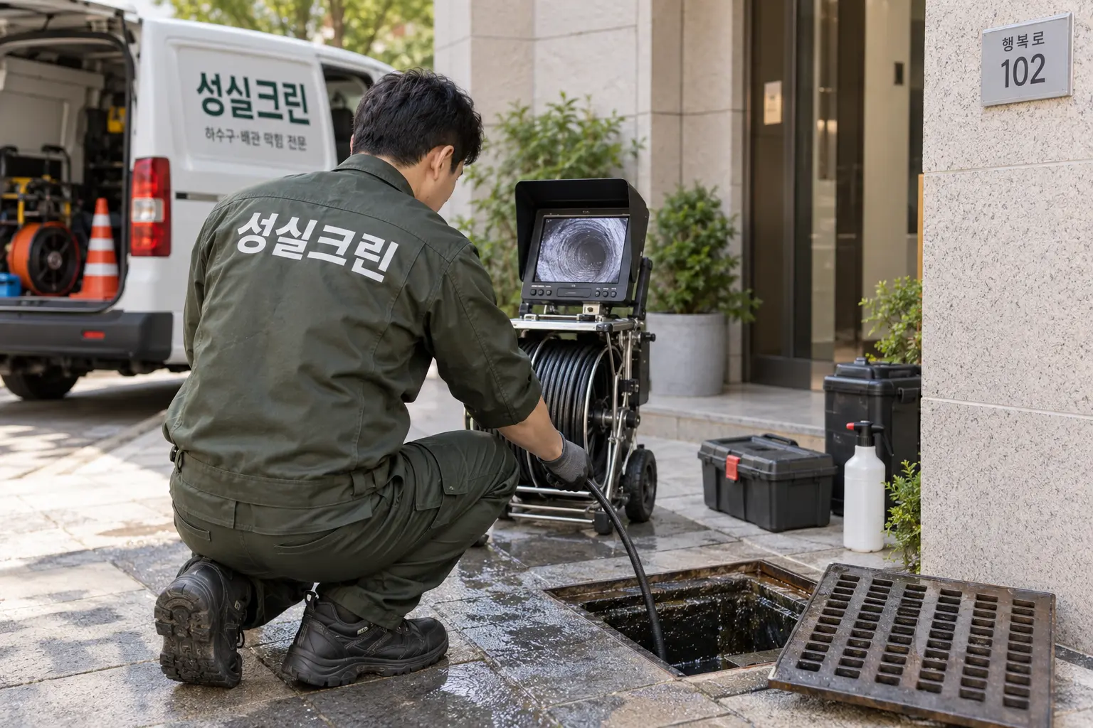 안산시 배수관막힘 역류 하수구청소 현장에서 통수 상태를 시험한 뒤 역류 주변의 오염수와 바닥을 세척하는 장면