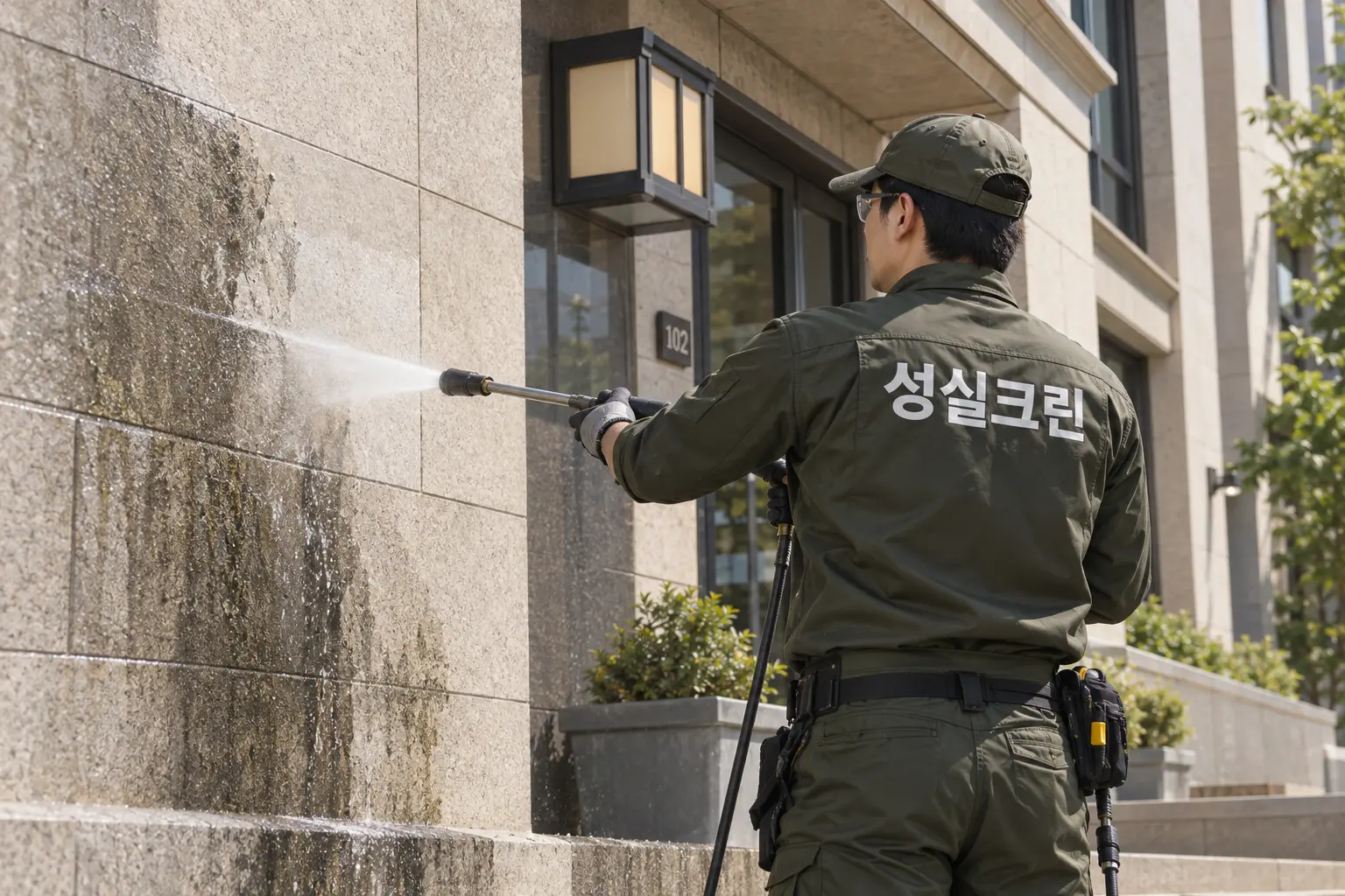 동탄 건물외벽청소 현장에서 석재·타일 틈과 벽면의 빗물자국을 소재에 맞춰 제거하는 장면