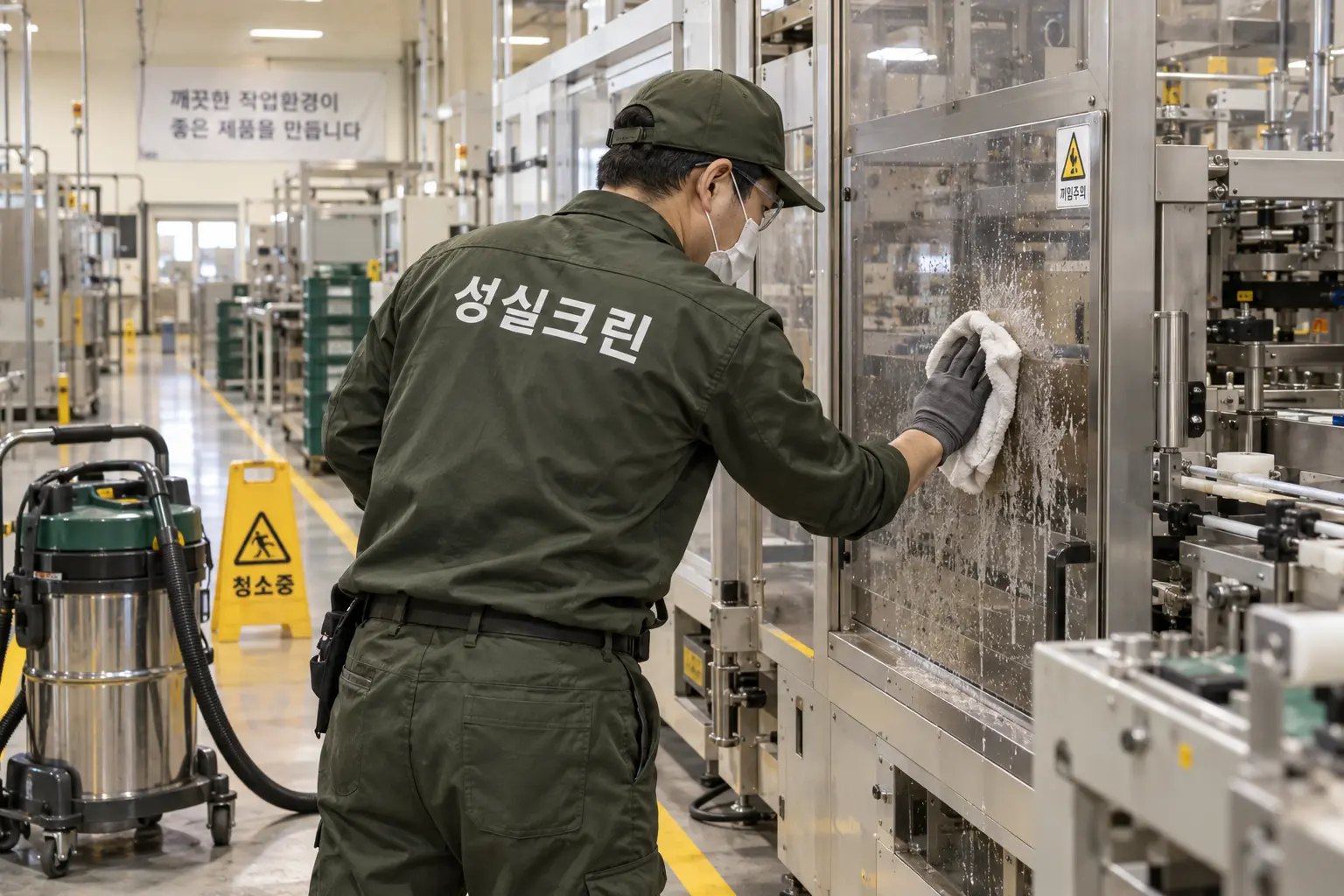 동두천 공장청소 현장에서 기계 외부와 안전펜스 주변에 쌓인 먼지를 설비에 무리가 없도록 닦는 장면