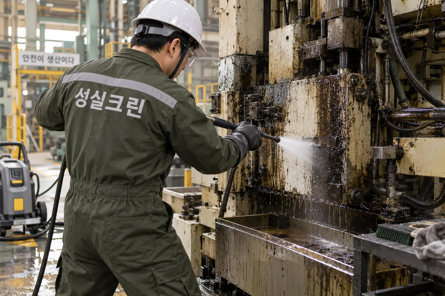 일산 공장기름때청소 현장에서 기계 외부에 고착된 기름때를 전용 약제와 수작업 도구로 제거하는 장면