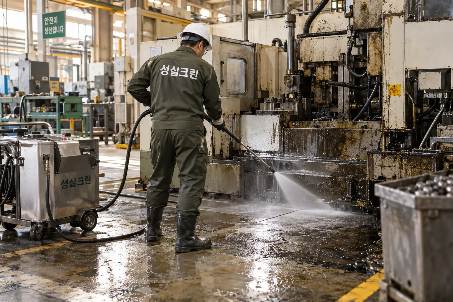 일산 공장기름때청소 현장에서 바닥의 유분을 산업용 장비로 세척·회수해 미끄럼 위험을 줄이는 장면