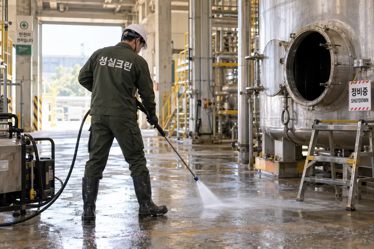 미사 공장청소 현장에서 공장 가동 중단 시간에 생산동 전체 오염을 집중 제거하는 장면
