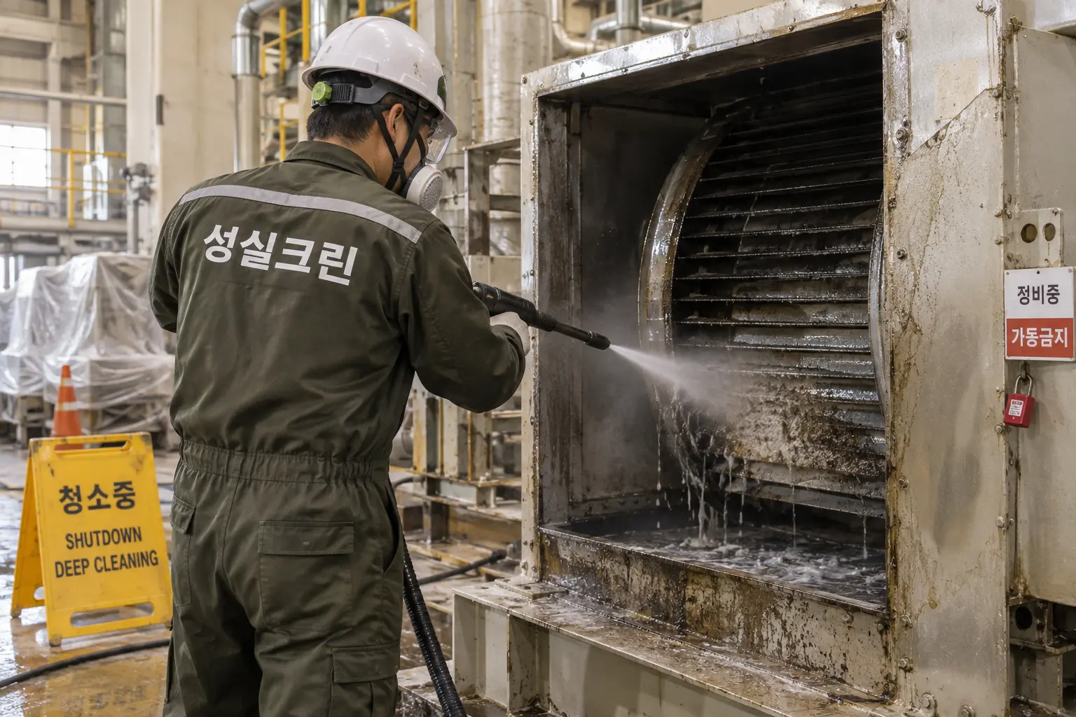 미사 공장청소 현장에서 설비 주변과 작업대 외부의 고착 먼지·찌든 때를 세부 세척하는 장면