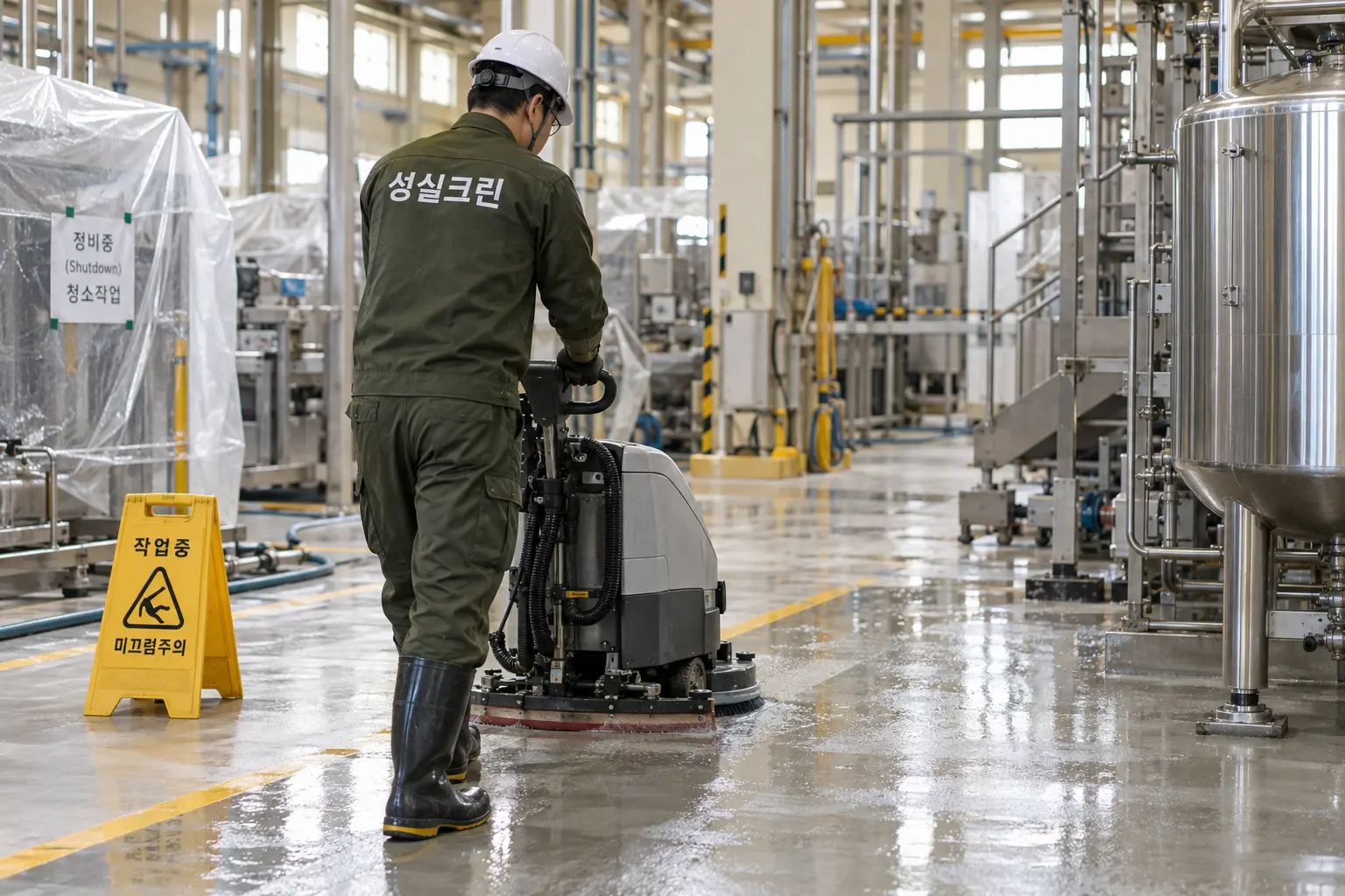 미사 공장청소 현장에서 산업용 장비로 통로와 바닥을 세척하고 재가동 전 안전상태를 확인하는 장면