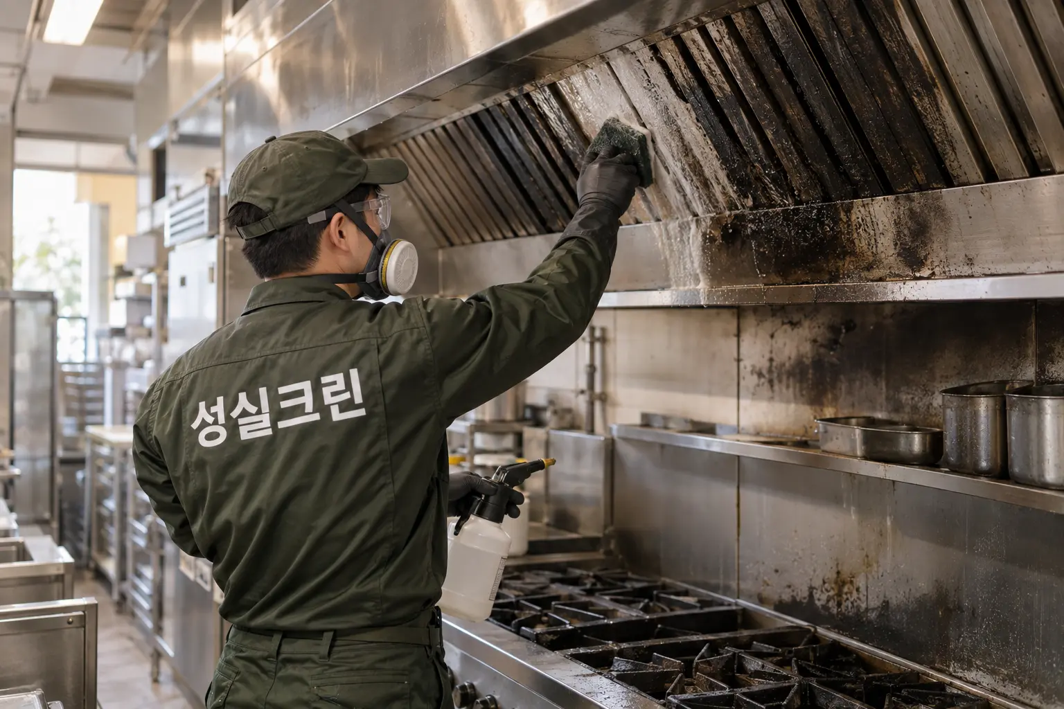 안산시 화재청소 현장에서 후드·벽면·스테인리스 표면에 붙은 검댕을 전용 약제로 닦는 장면