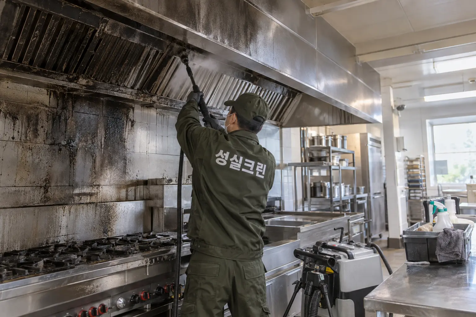 안산시 화재청소 현장에서 바닥과 설비 외부의 탄화 분진을 회수하고 잔여 그을음을 재확인하는 장면
