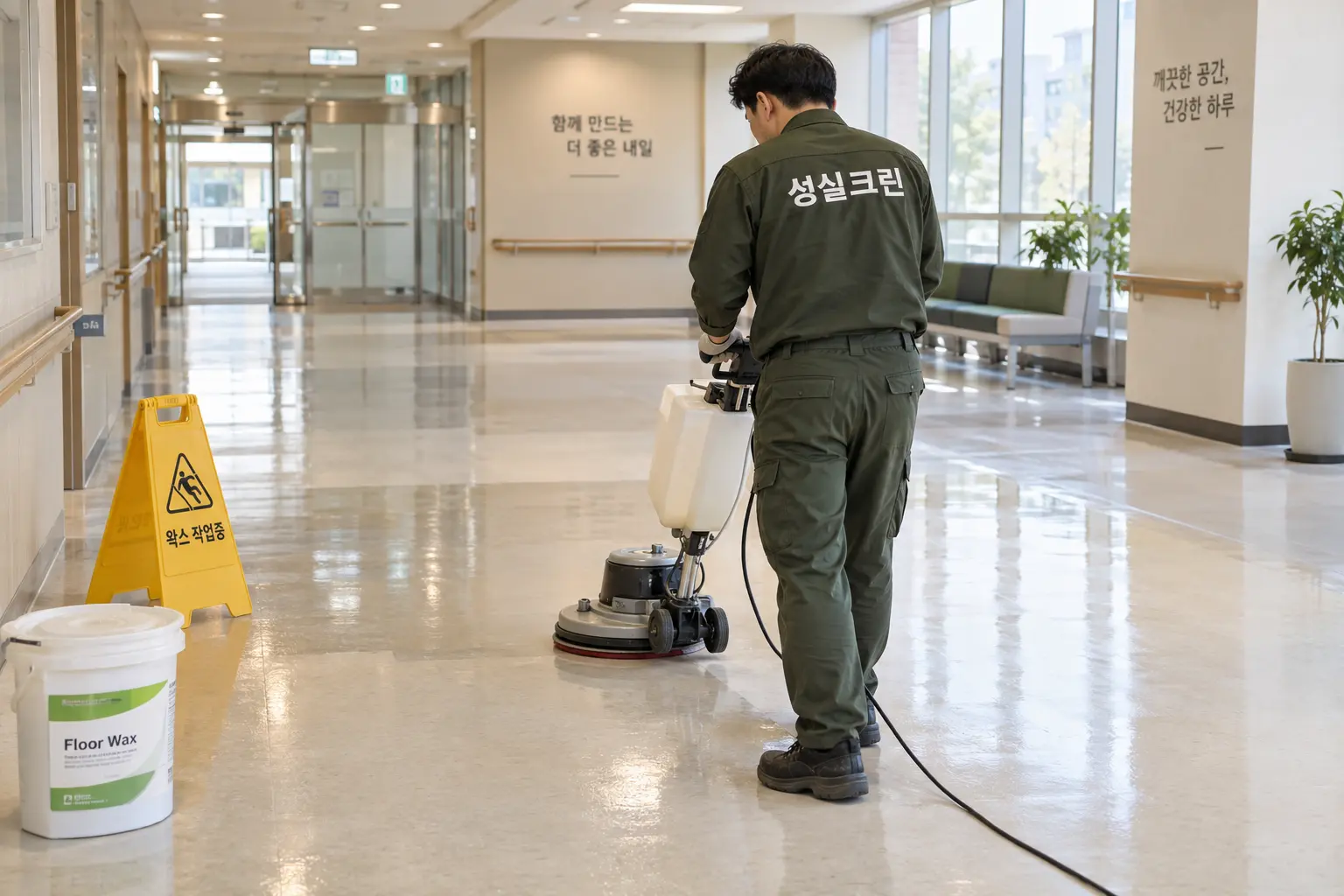 안양시 바닥왁스코팅 현장에서 건조 후 광택과 도막 상태를 확인해 통행 가능 시점을 안내하는 장면
