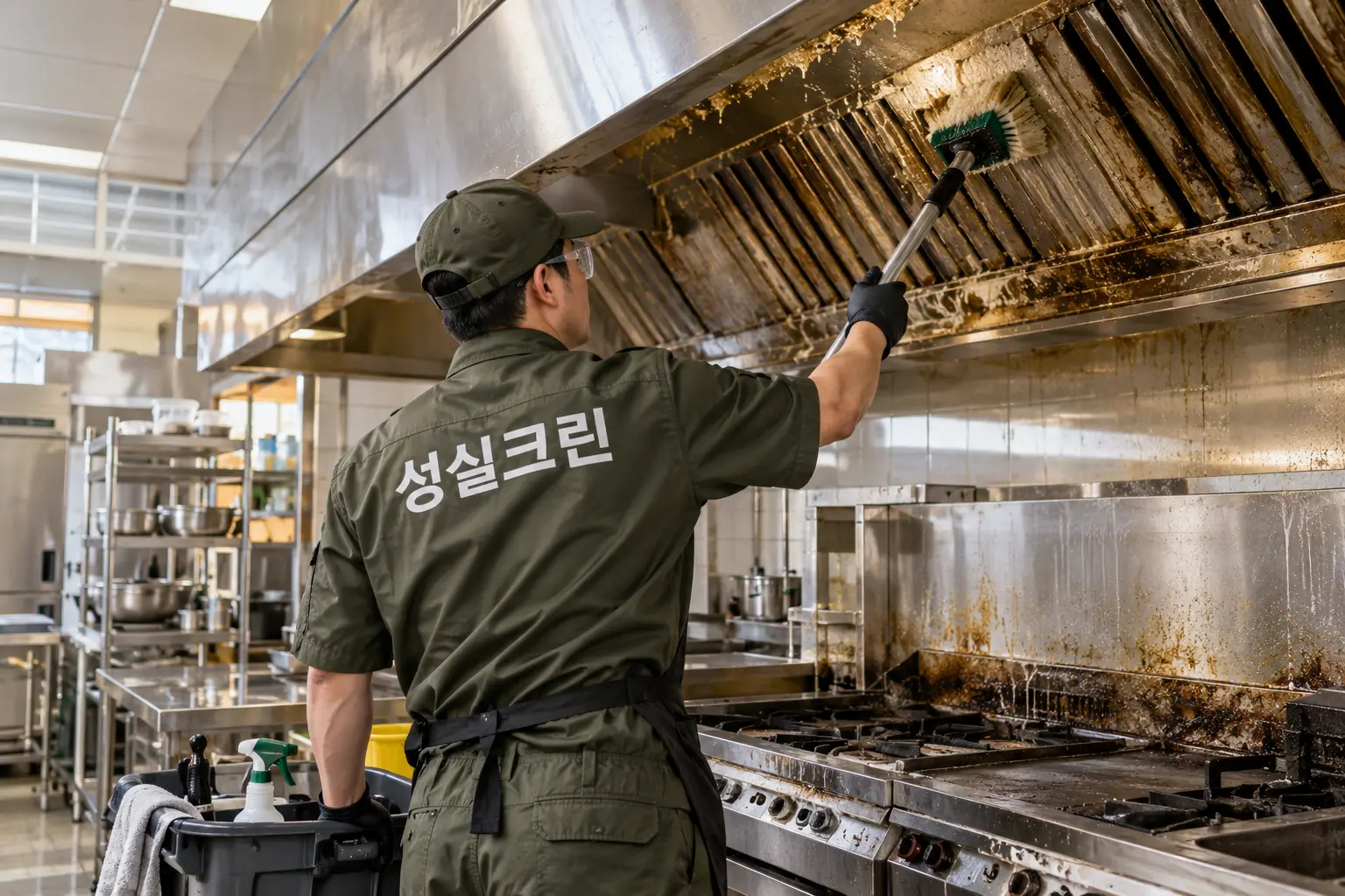 발안산업단지 기름때청소 현장에서 기름때가 누적된 주방 후드와 벽면의 상태를 확인하는 장면