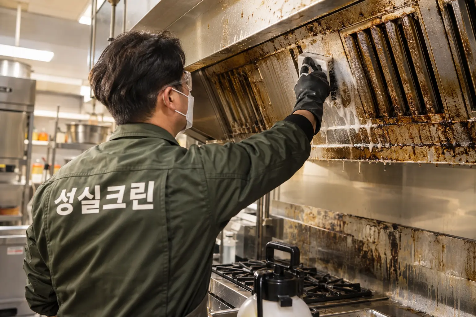 의왕시 기름때청소 현장에서 눌어붙은 기름막을 전용 약제로 불린 뒤 스크러버로 분리하는 장면