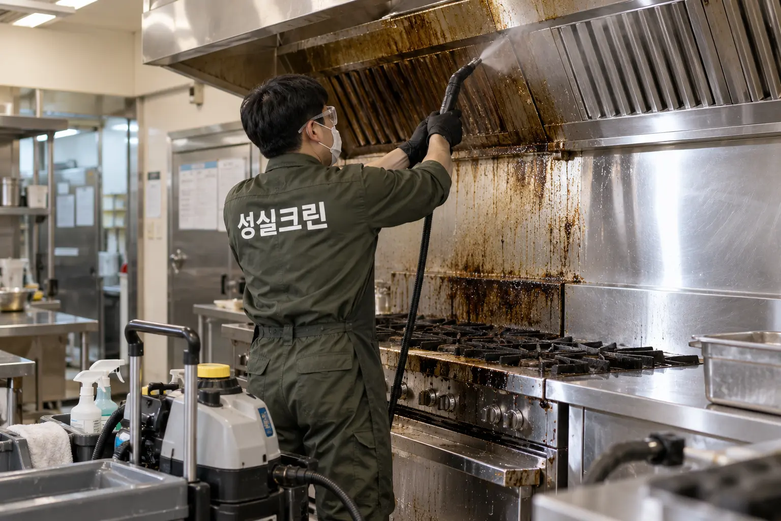 의왕시 기름때청소 현장에서 작업대와 바닥에 남은 유분·약제를 세척하고 잔여 끈적임을 점검하는 장면