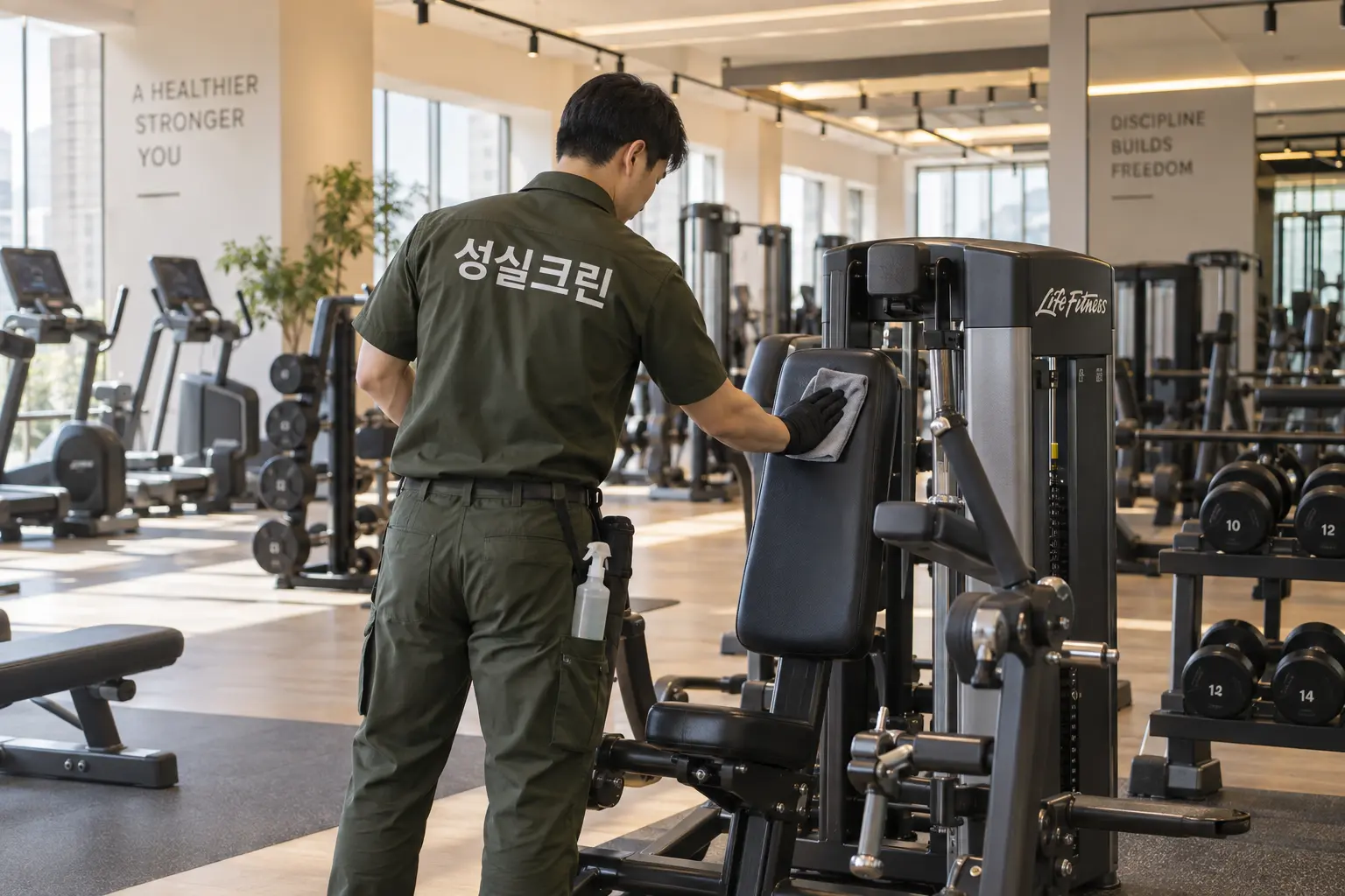 군포시 휘트니스시설청소 현장에서 운동기구가 배치된 헬스장 바닥과 이동통로를 청소하는 장면