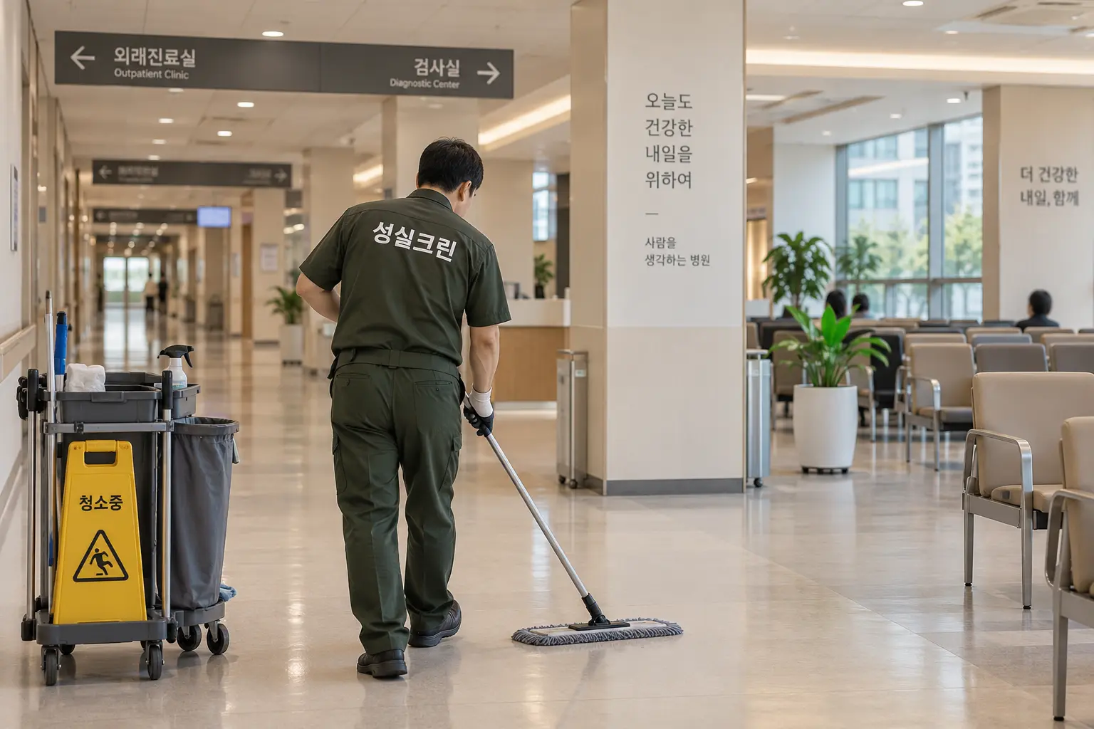 부천시 병원청소 현장에서 진료실과 대기실로 이어지는 병원 복도의 바닥과 이동 동선을 관리하는 장면