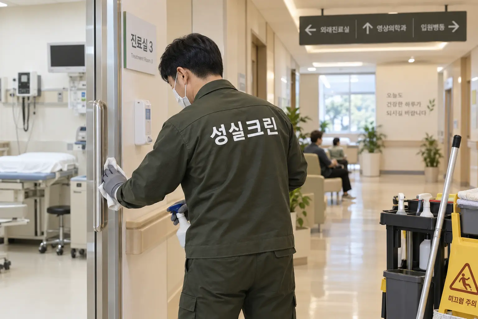 부천시 병원청소 현장에서 접수대·대기의자처럼 환자와 보호자가 자주 접촉하는 표면을 구분 도구로 닦는 장면