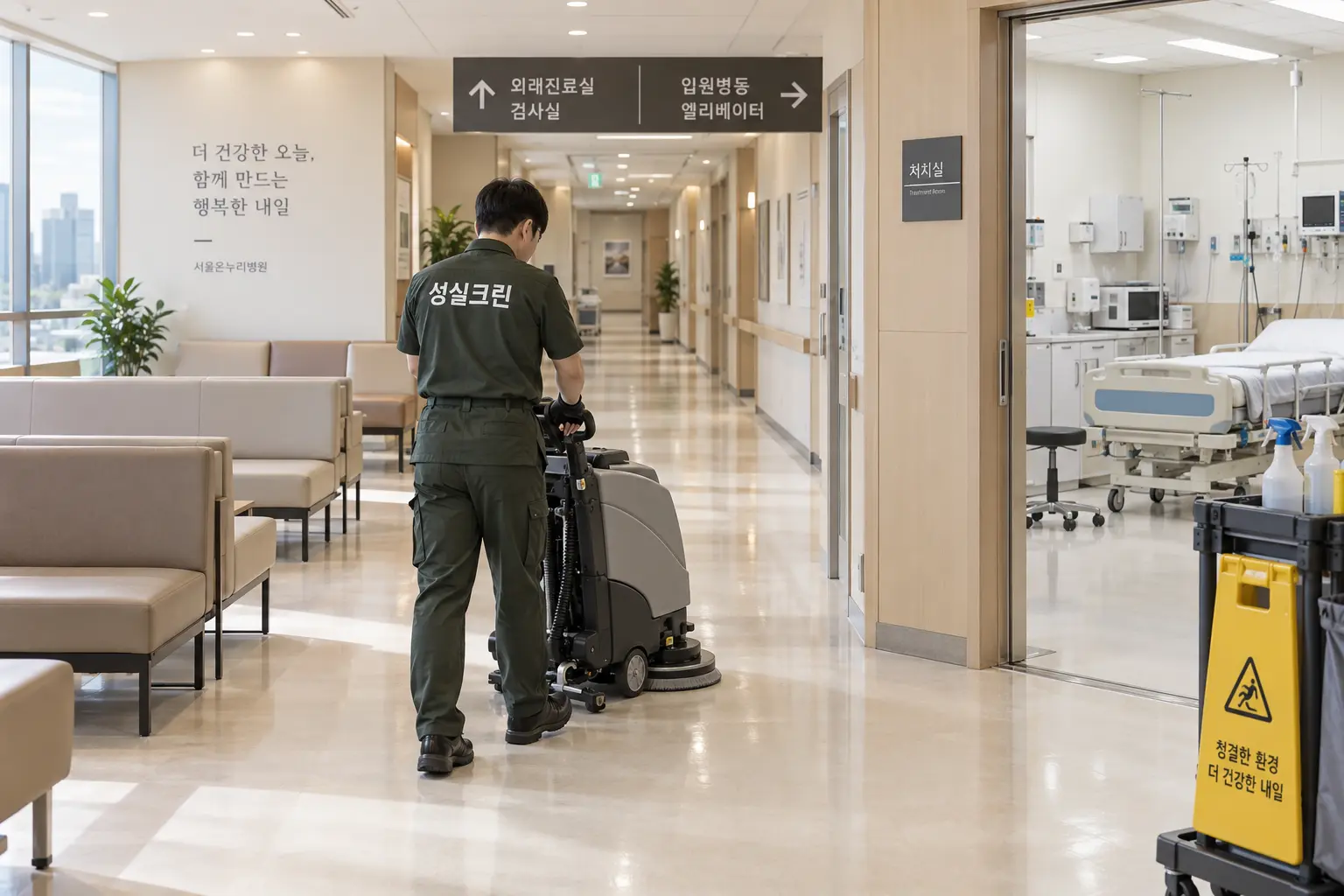 부천시 병원청소 현장에서 병원 복도 바닥을 저소음 장비로 세척하고 물기까지 회수하는 장면