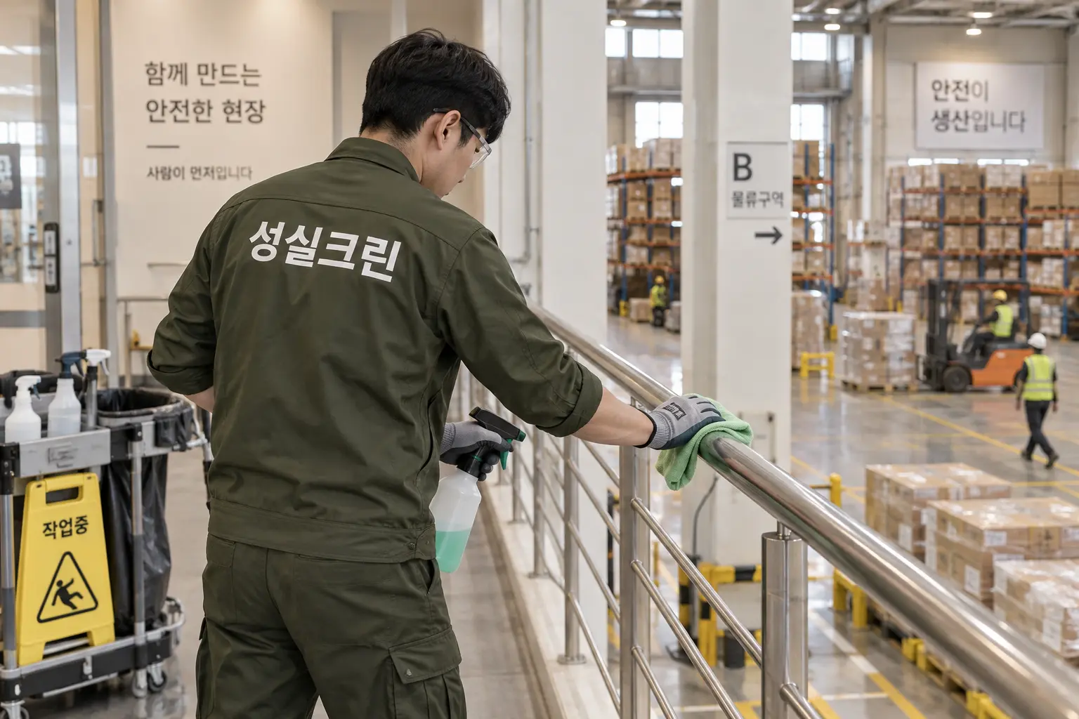분당 산업단지청소 현장에서 적재구역·안전펜스·설비 외부의 산업분진을 세부적으로 제거하는 장면