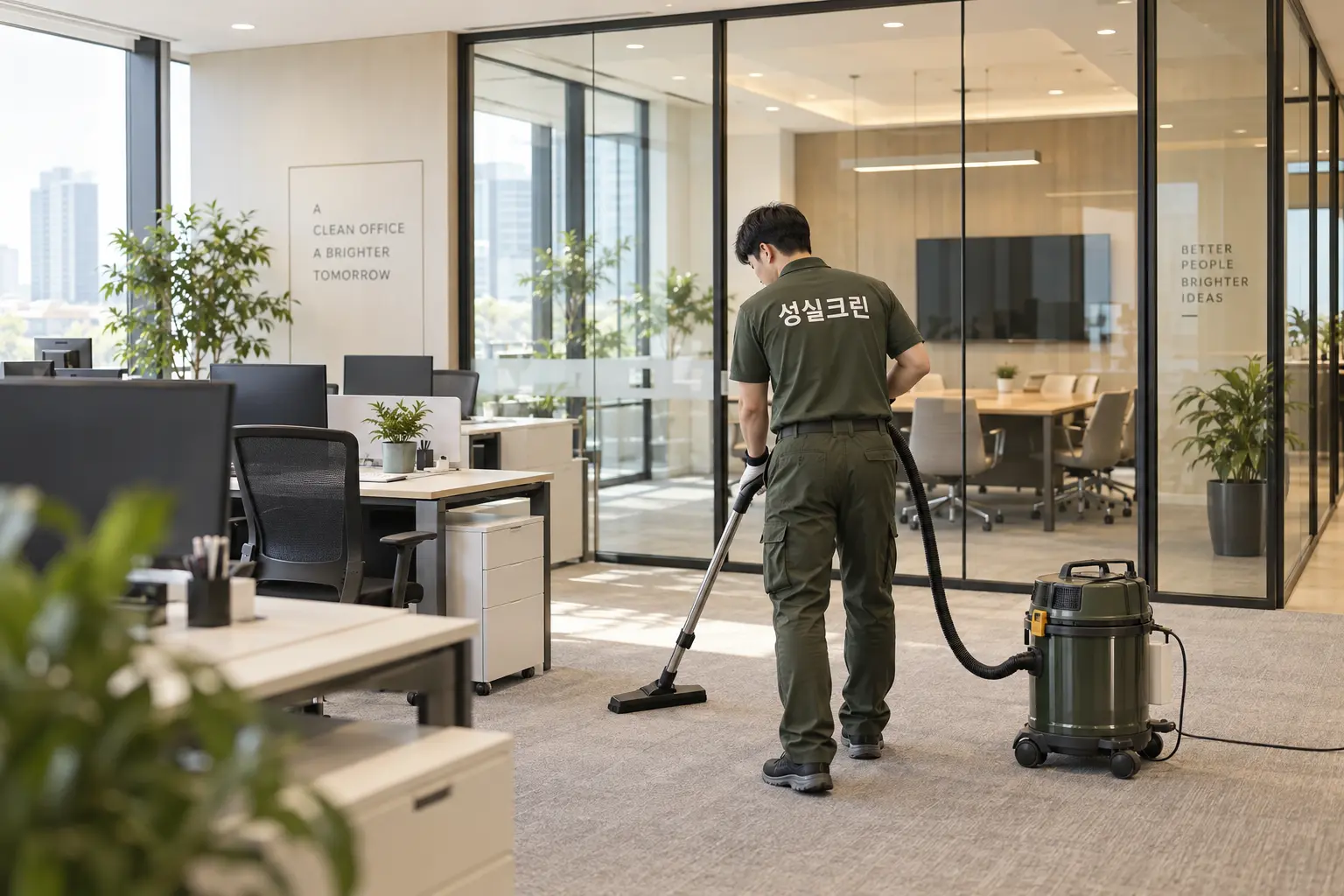 안산시 상록구 부곡동 사무실청소 현장에서 책상과 유리 파티션이 있는 사무공간의 전체 동선을 진공 장비로 관리하는 장면