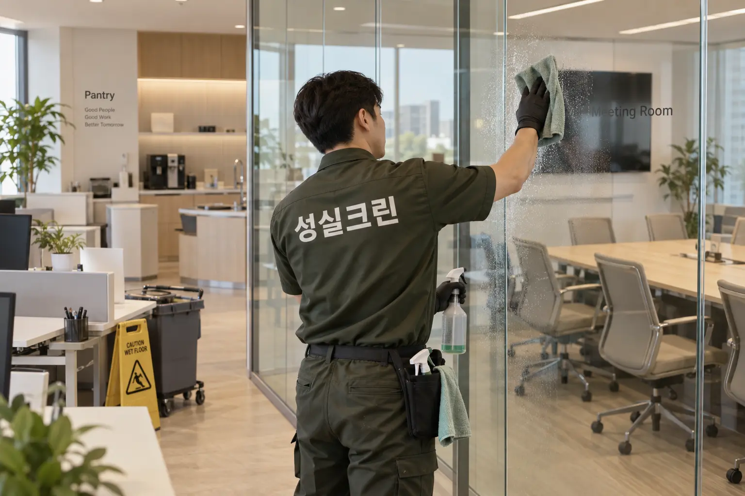 미사 사무실청소 현장에서 유리 파티션과 손이 자주 닿는 회의실 표면의 얼룩을 세부적으로 닦는 장면