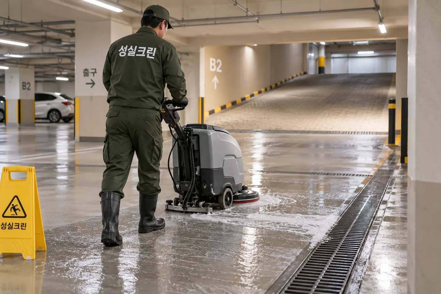 안산시 주차장청소 현장에서 차량 동선을 구분한 뒤 넓은 주차장 바닥의 오염수를 장비로 회수하는 장면