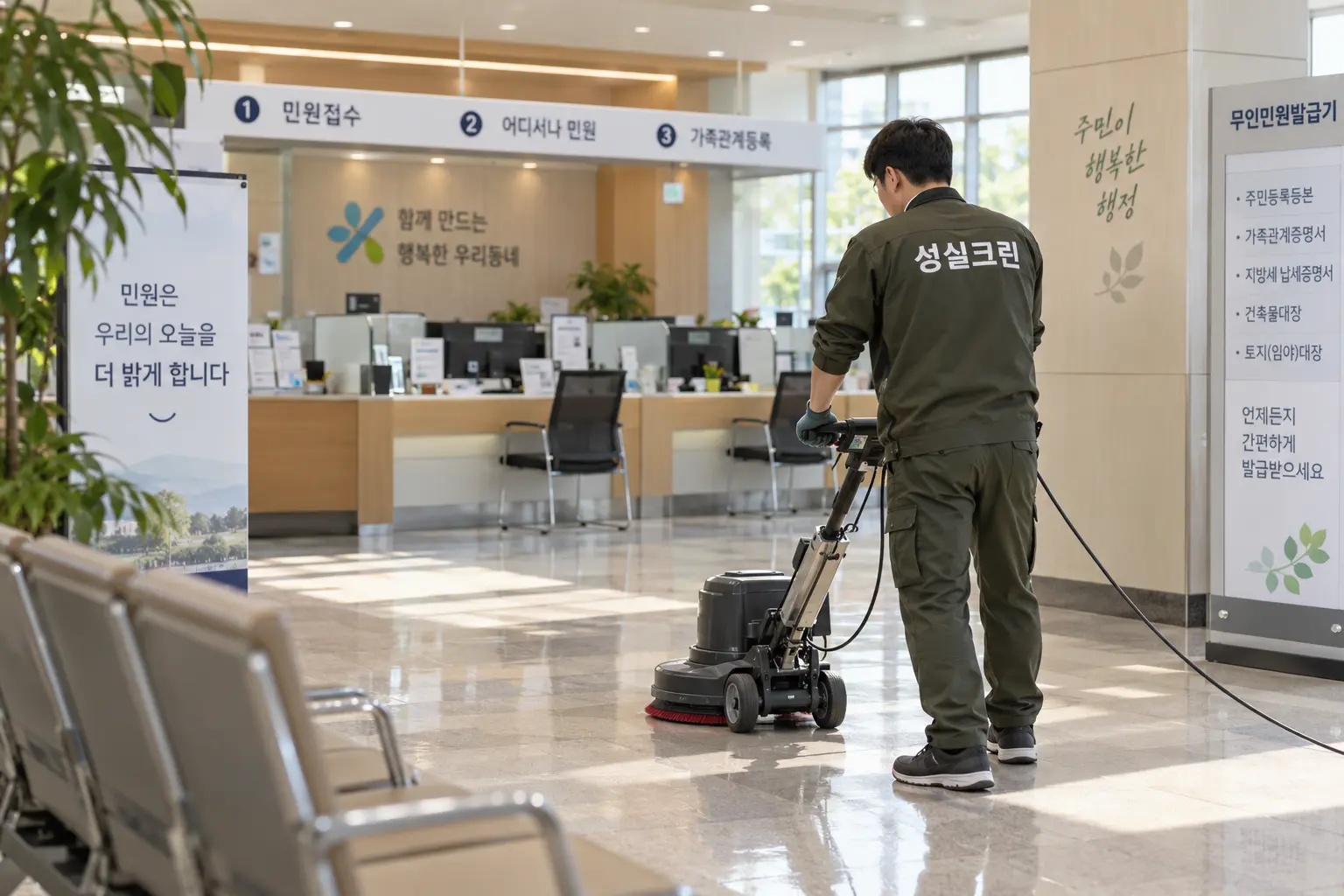 안산시 상록구 부곡동 관공서청소 현장에서 민원실과 안내창구가 있는 관공서 공용공간을 관리하는 장면
