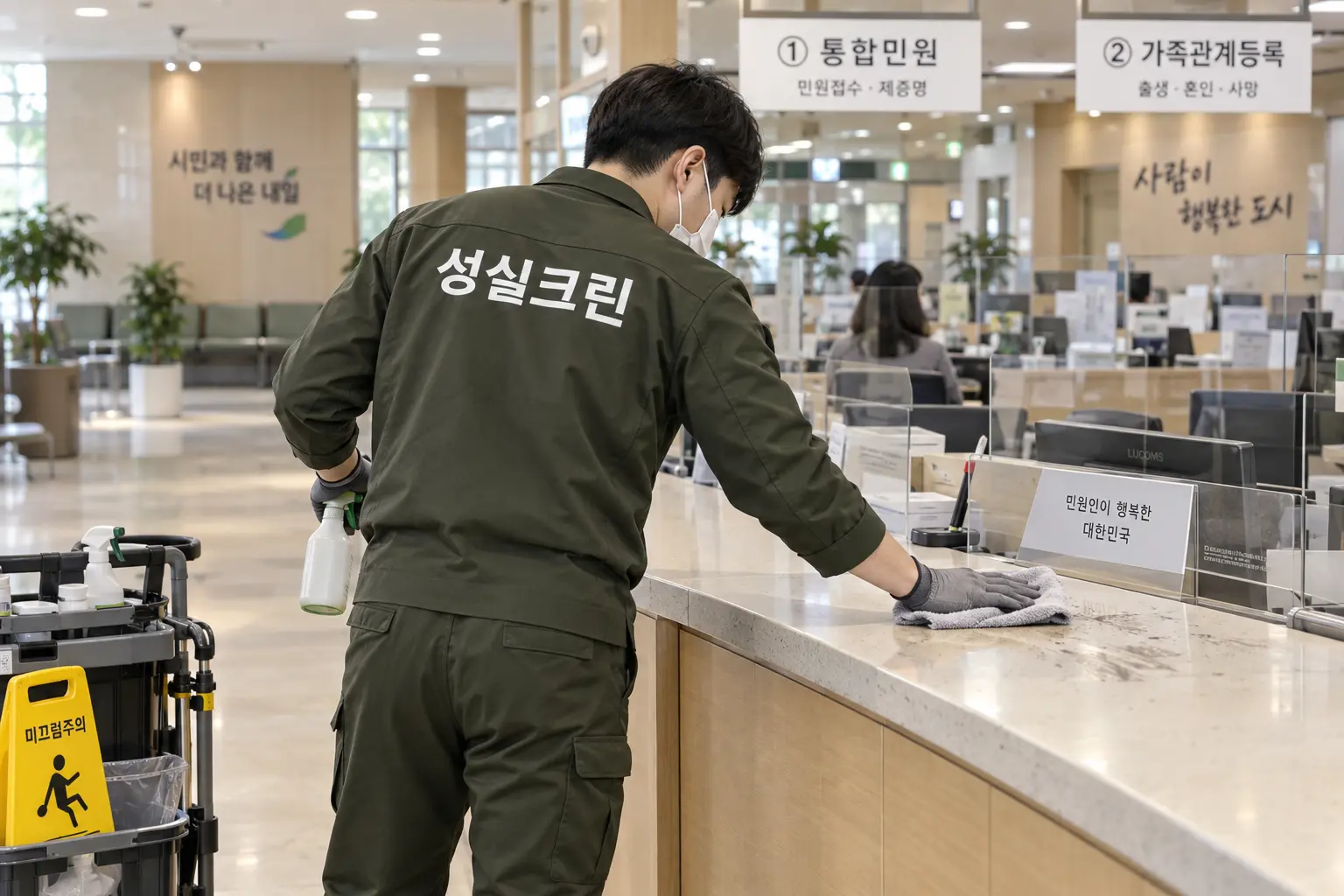 의왕시 관공서청소 현장에서 민원대·대기의자·출입문처럼 이용 빈도가 높은 접촉면을 닦는 장면