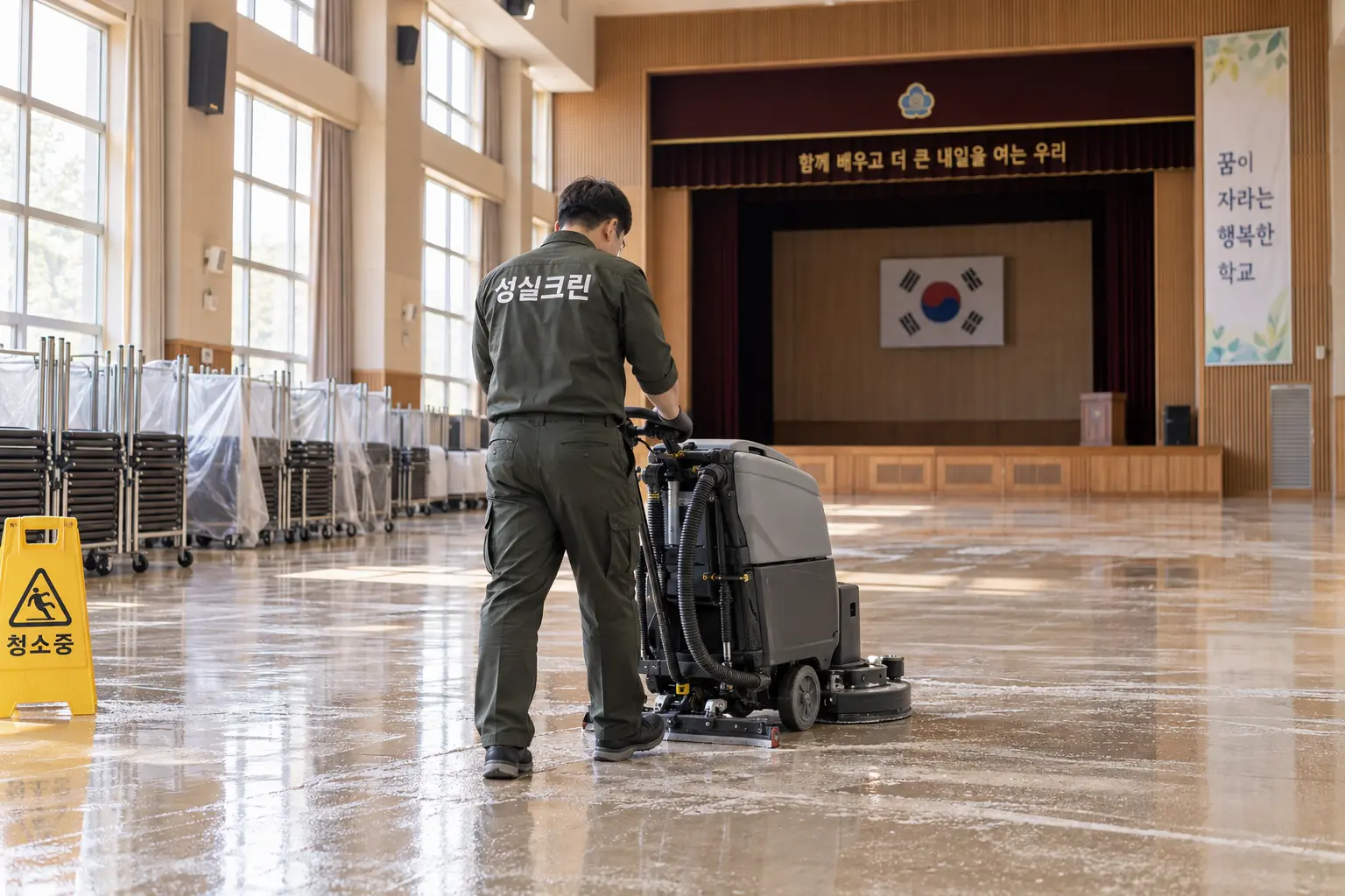 배곧 관공서 학교 청소 현장에서 학교 강당과 관공서 대형 공용공간을 휴관일에 집중 청소하는 장면
