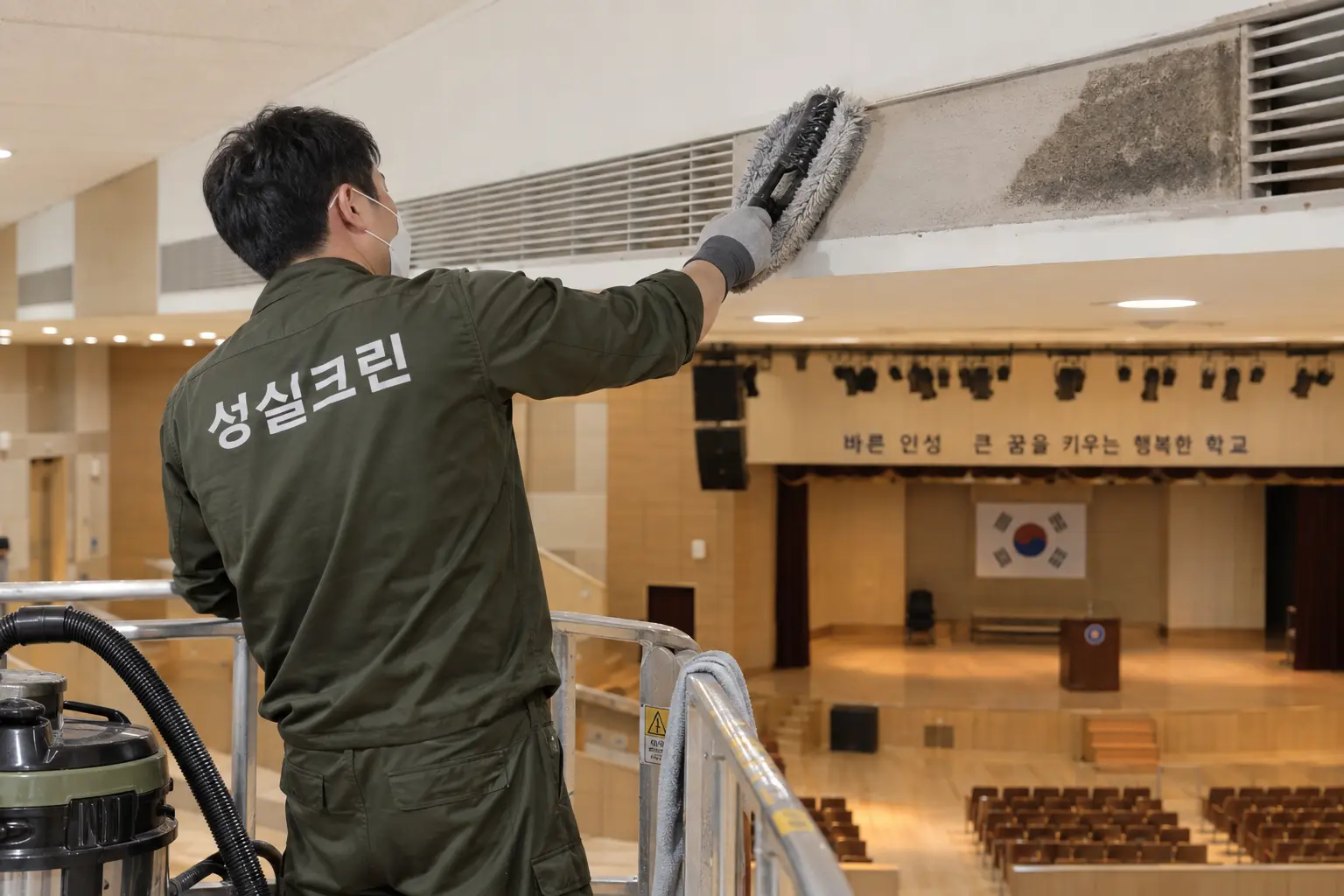 배곧 관공서 학교 청소 현장에서 의자·무대 주변·민원시설 접촉면을 구역별로 세부 관리하는 장면