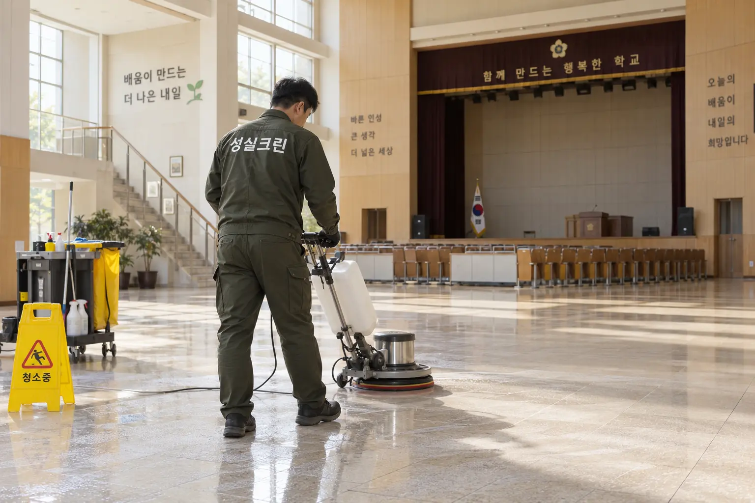 배곧 관공서 학교 청소 현장에서 넓은 홀과 복도 바닥을 장비로 세척해 재개방 전 상태를 정돈하는 장면