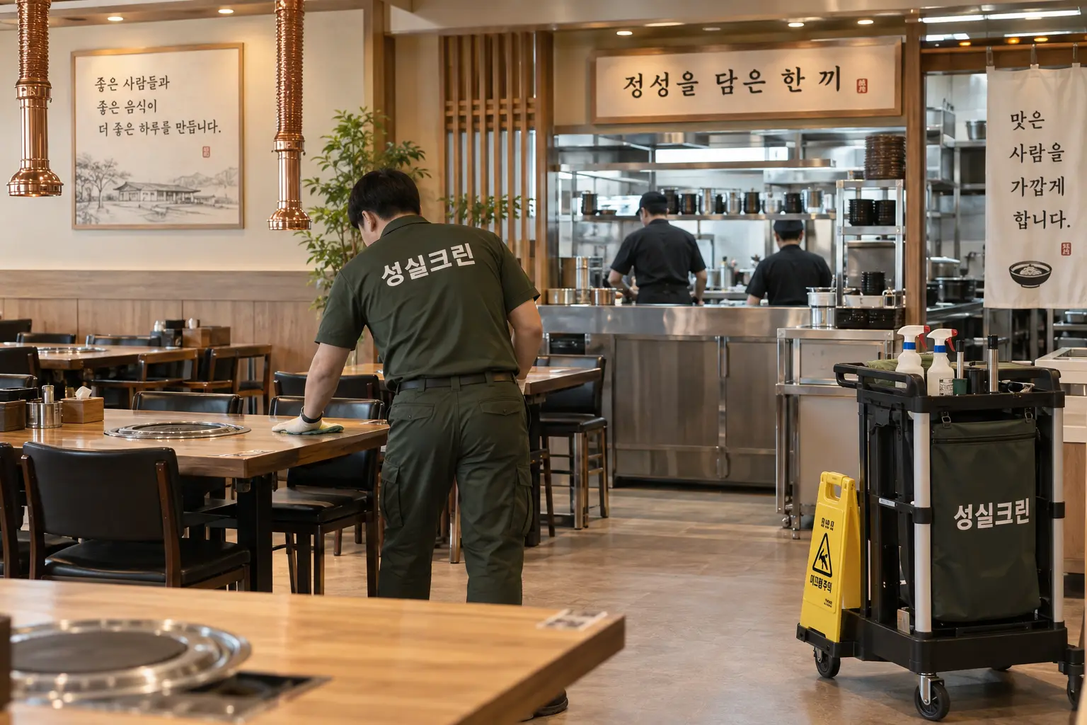 동두천 식당청소 현장에서 식당 홀과 주방 출입구의 바닥 오염을 영업 전후로 관리하는 장면