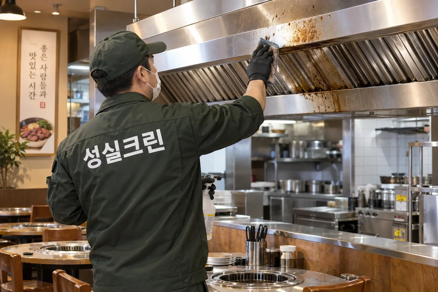 동두천 식당청소 현장에서 테이블·집기 외부와 주방 작업대 주변의 음식물 흔적을 닦는 장면