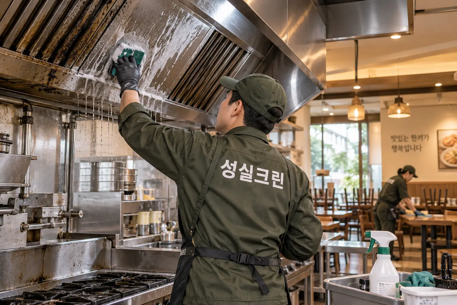 일산 식당청소 현장에서 후드 외부·벽면·조리대 주변의 기름때를 전용 약제로 불려 닦는 장면