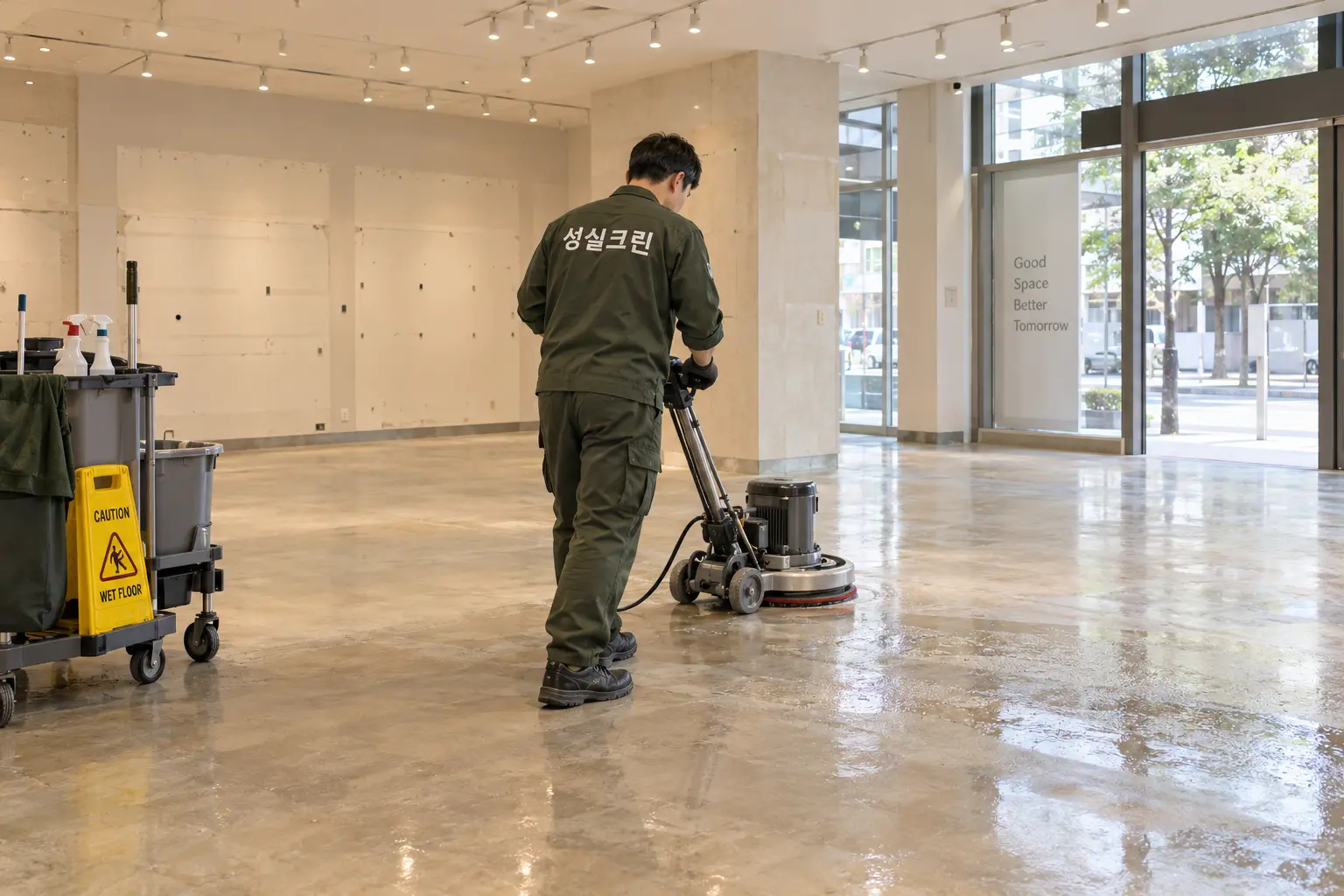 안양시 원상복구청소 현장에서 인도 전 바닥을 최종 세척하고 벽면·모서리의 잔여 오염을 확인하는 장면