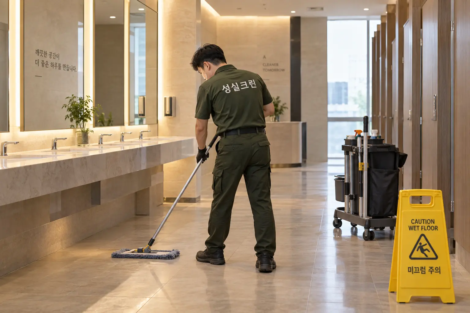 동두천 화장실청소 현장에서 공용화장실의 세면대와 바닥을 구역 전용 도구로 세척하는 장면