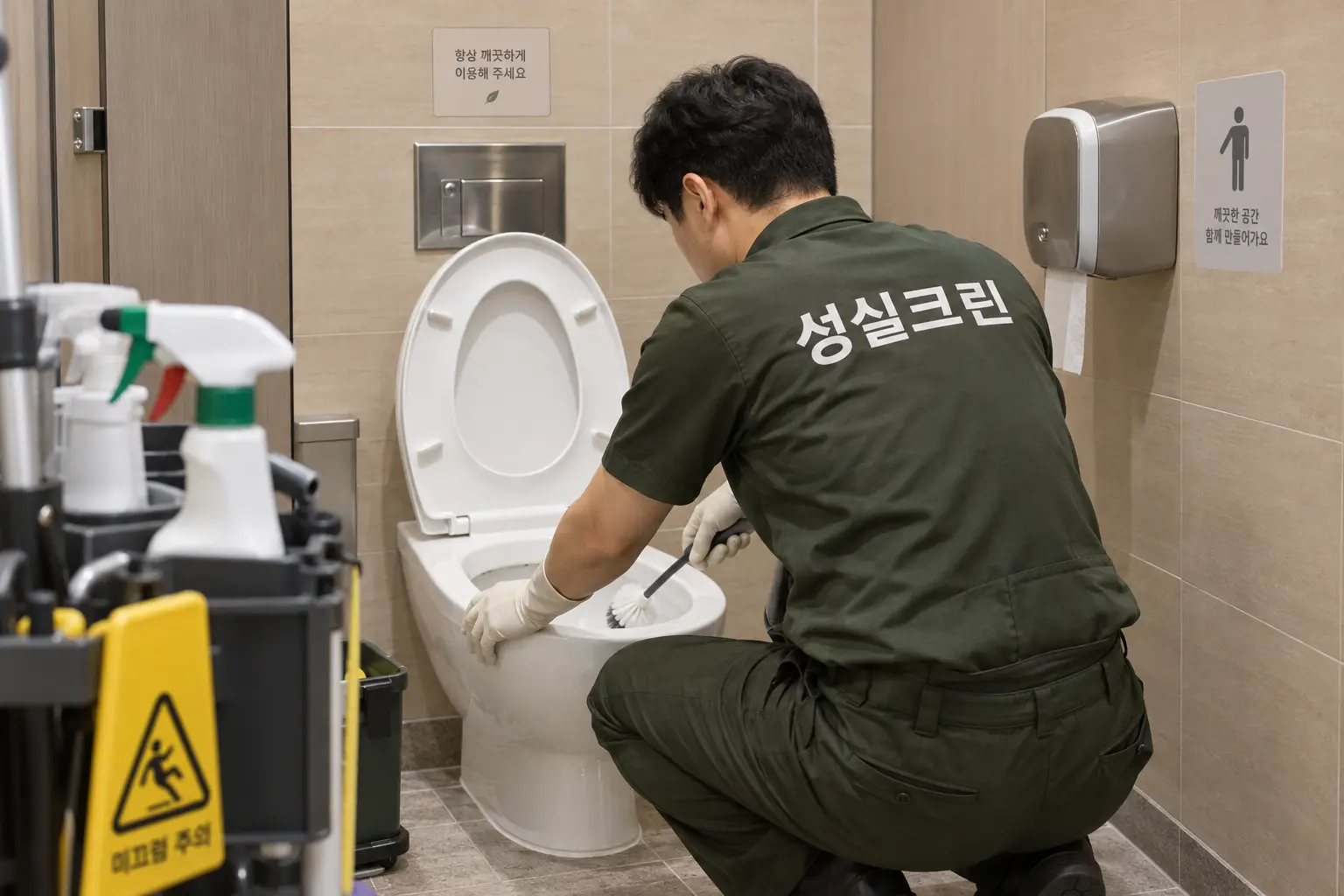 의왕시 화장실청소 현장에서 변기 안쪽과 림, 외부 표면을 전용 브러시와 위생도구로 꼼꼼히 세척하는 장면