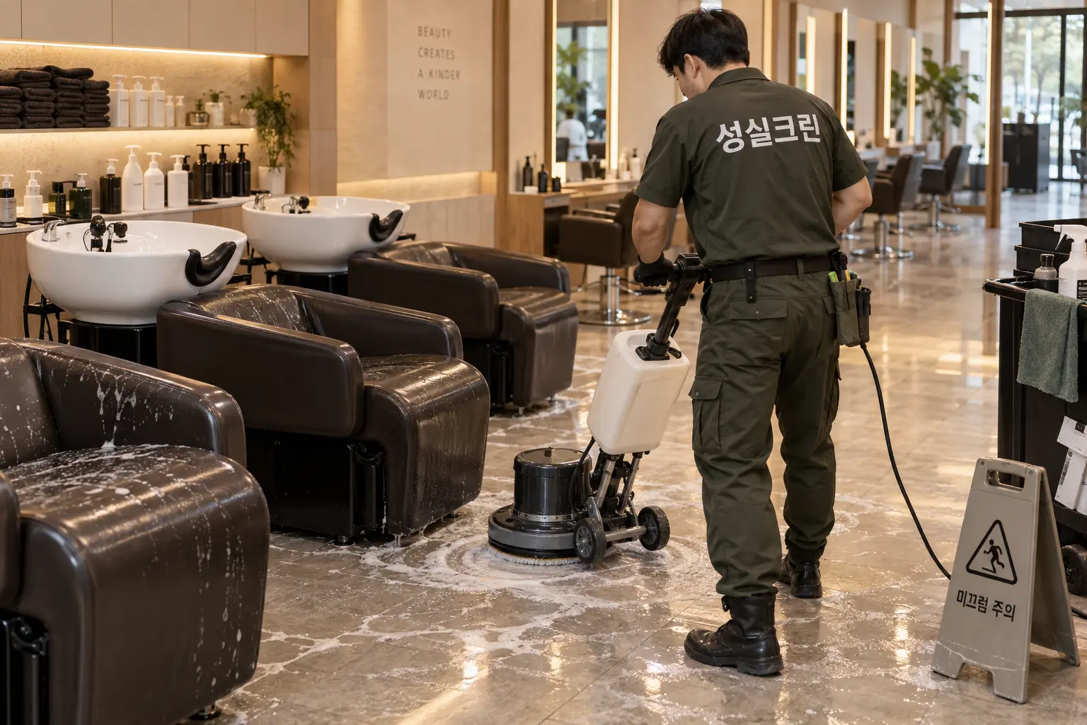 의왕시 미용실청소 현장에서 거울·의자·작업대에 남은 미세 모발과 제품 흔적을 닦는 장면