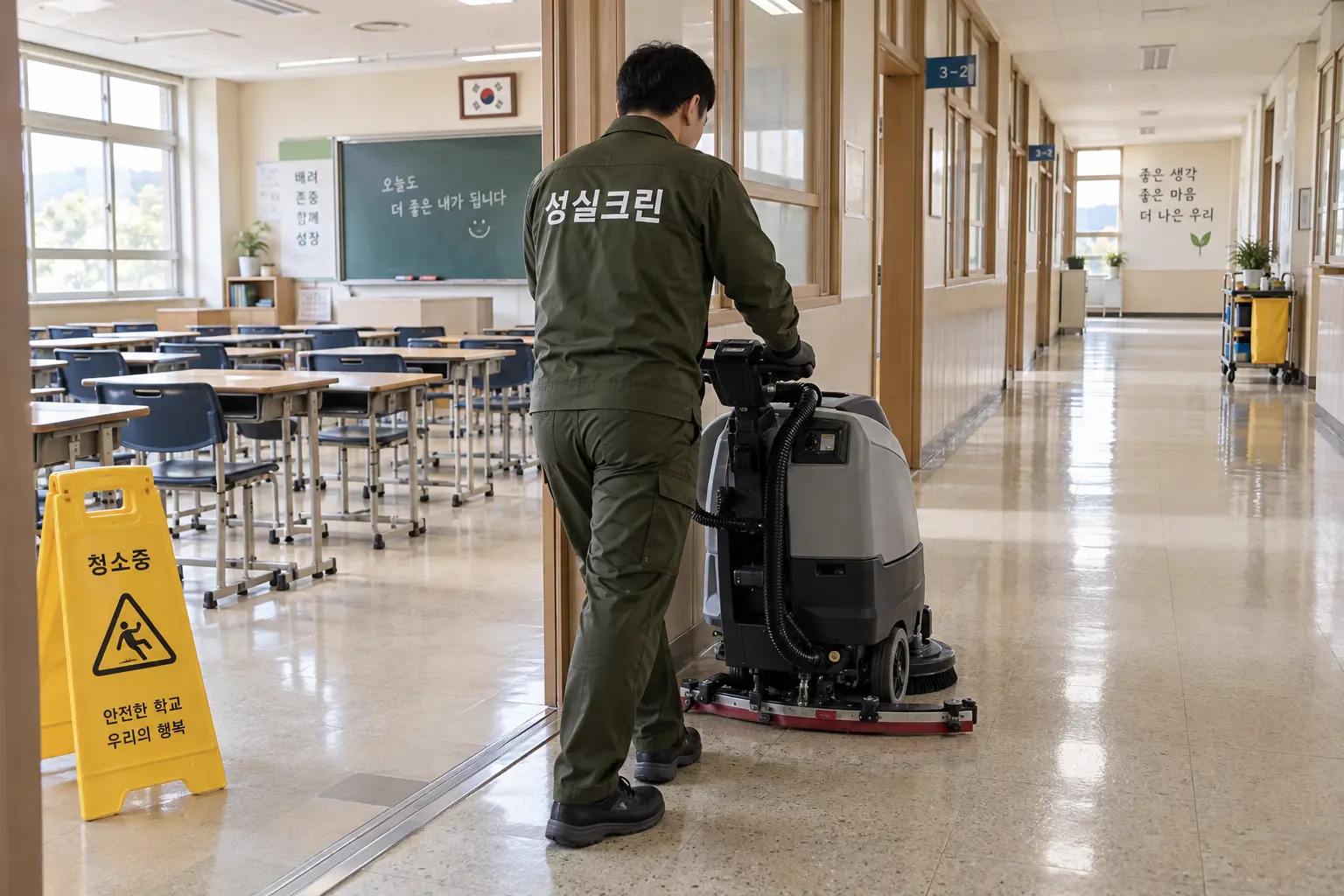 안산시 학교청소 현장에서 교실과 공용복도를 장비로 세척하고 수업 전 건조 상태를 확인하는 장면