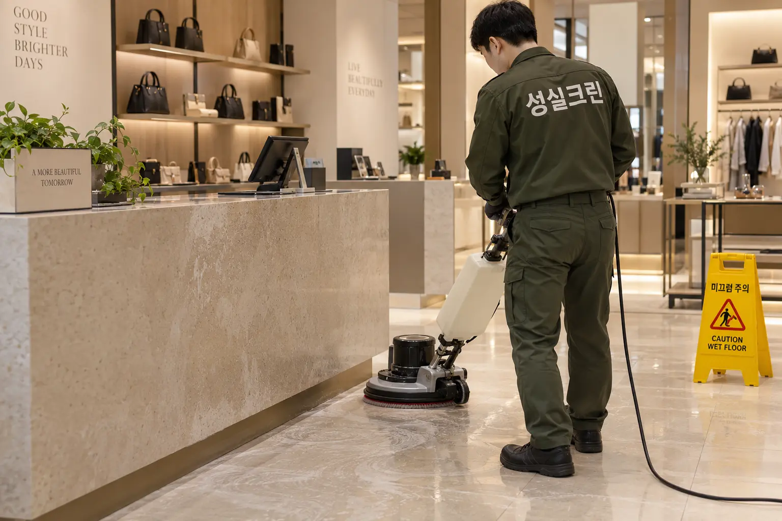 안산시 매장청소 현장에서 상품 진열장·카운터·유리 표면의 먼지와 손자국을 닦는 장면