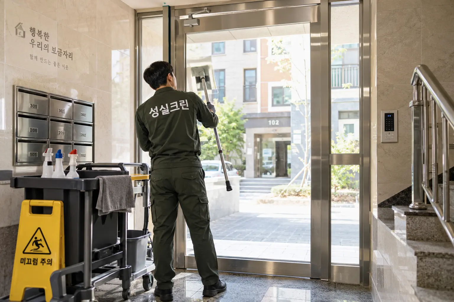 향남 빌라청소 현장에서 빌라 공동현관과 우편함 주변의 먼지와 바닥 오염을 정리하는 장면