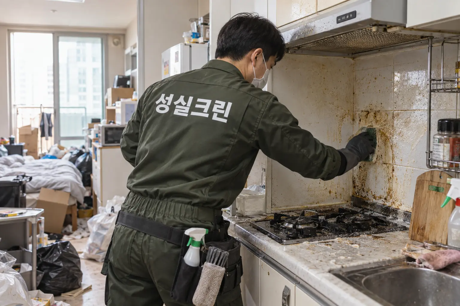 미사 쓰레기집청소 유품정리 고독사정리 현장에서 주방과 생활공간에 남은 오염을 보호장비와 전용도구로 제거하는 장면