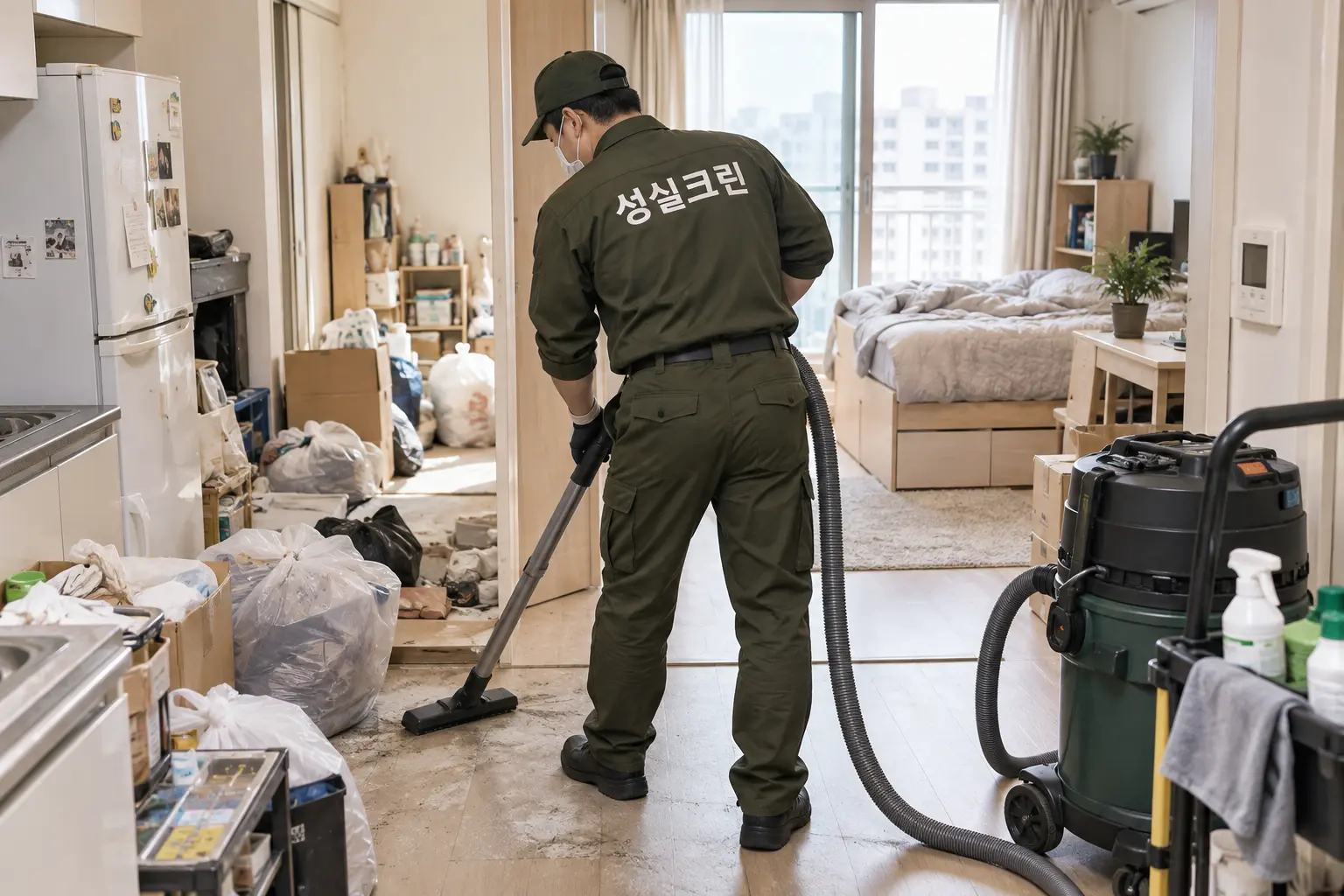 미사 쓰레기집청소 유품정리 고독사정리 현장에서 잔존물을 모두 비운 뒤 바닥을 세척하고 냄새·오염 취약구역을 점검하는 장면